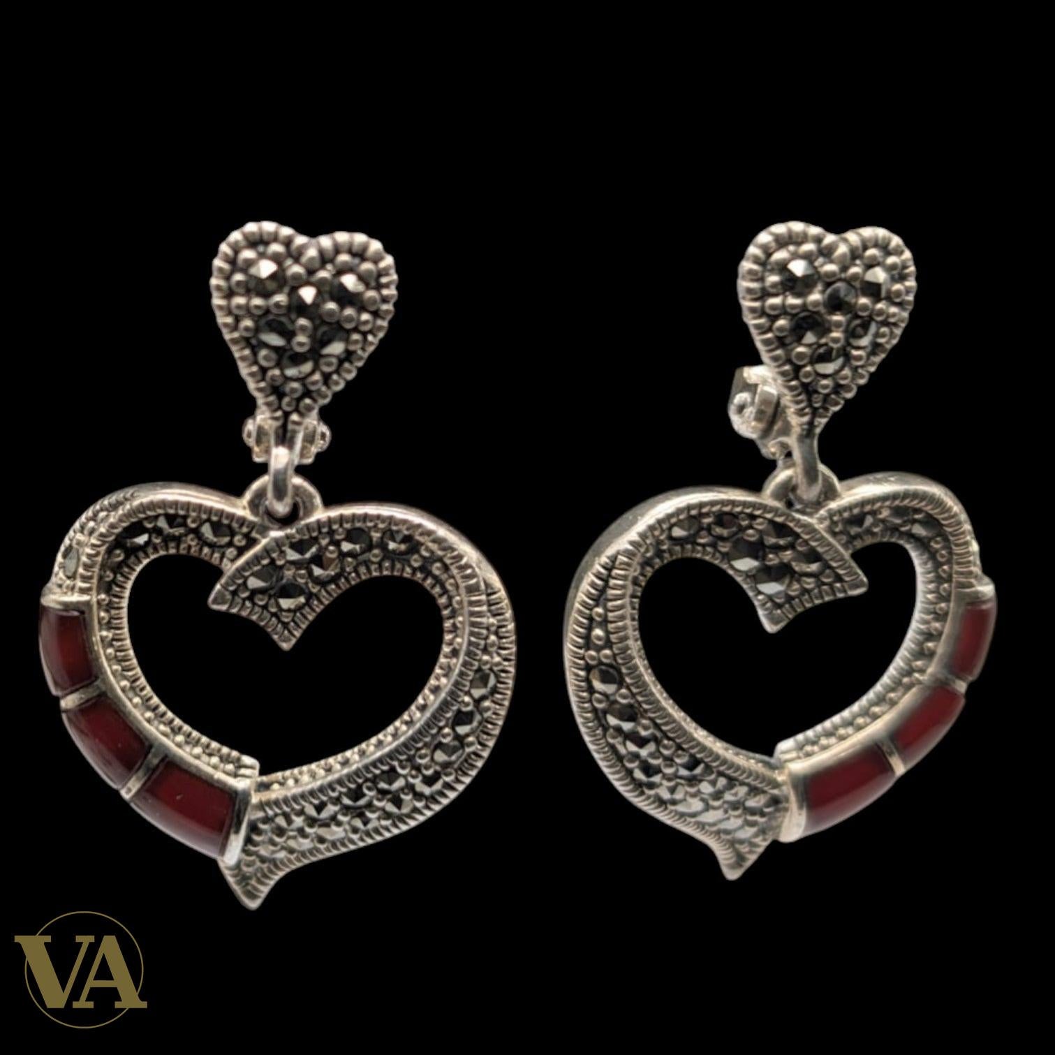 Boucles d'Oreilles Argent 925 Coeur Cornaline et Marcassite