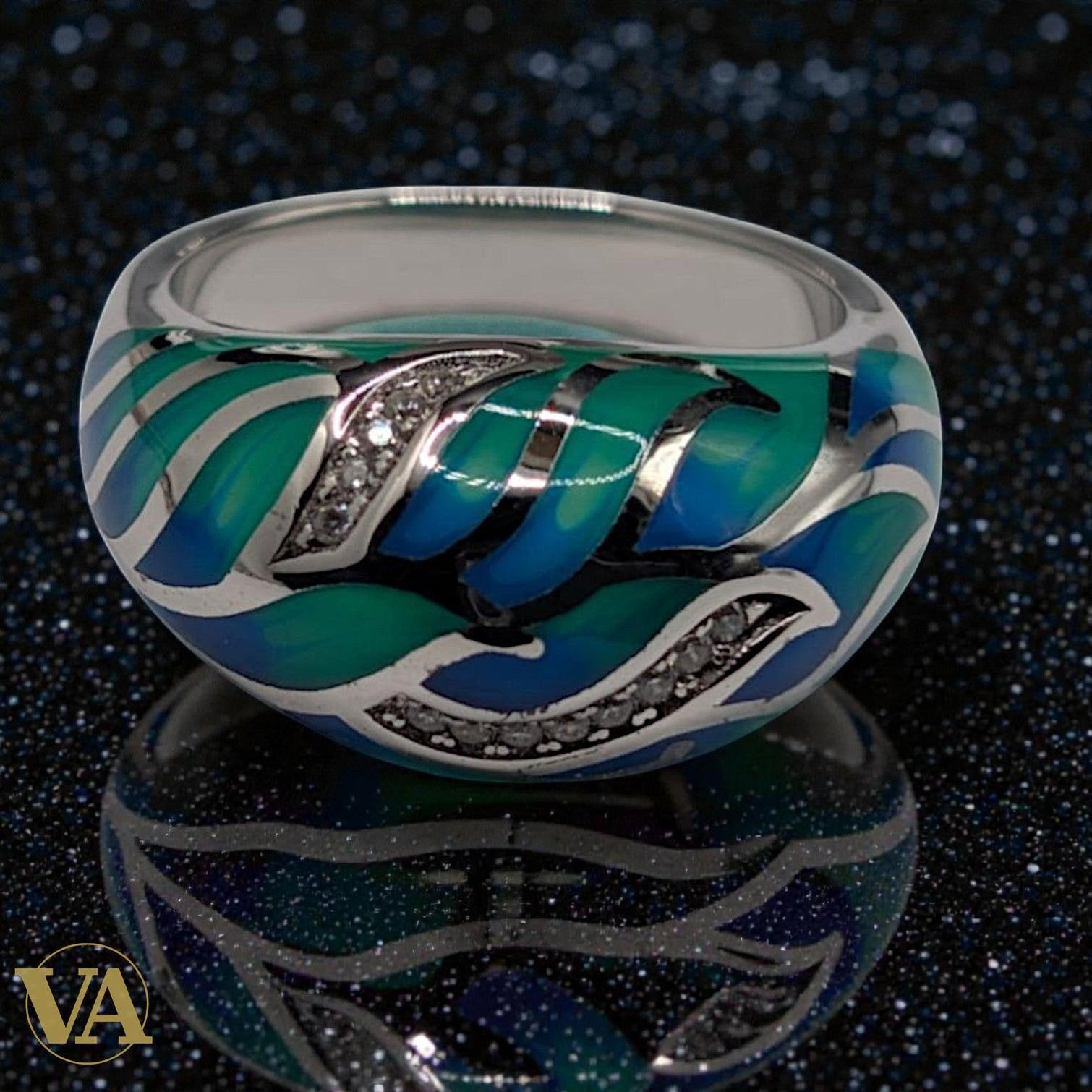 Bague Femme Argent 925 Émail Turquoise Bleu - Design Vagues