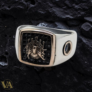 Men's 925 Sterling Silver Black Pavé Crowned Two-Headed Eagle Signet Ring