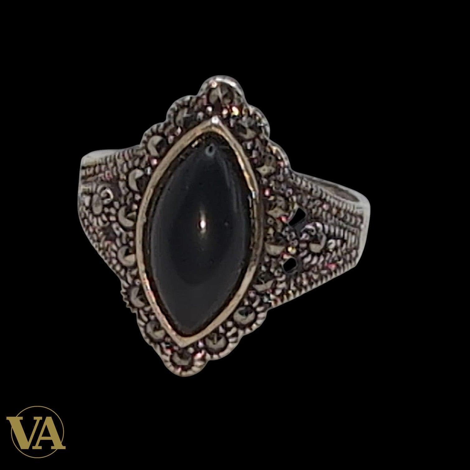 Bague Femme Argent 925 Onyx Noir Navette & Marcassite – Style Vintage Mystique