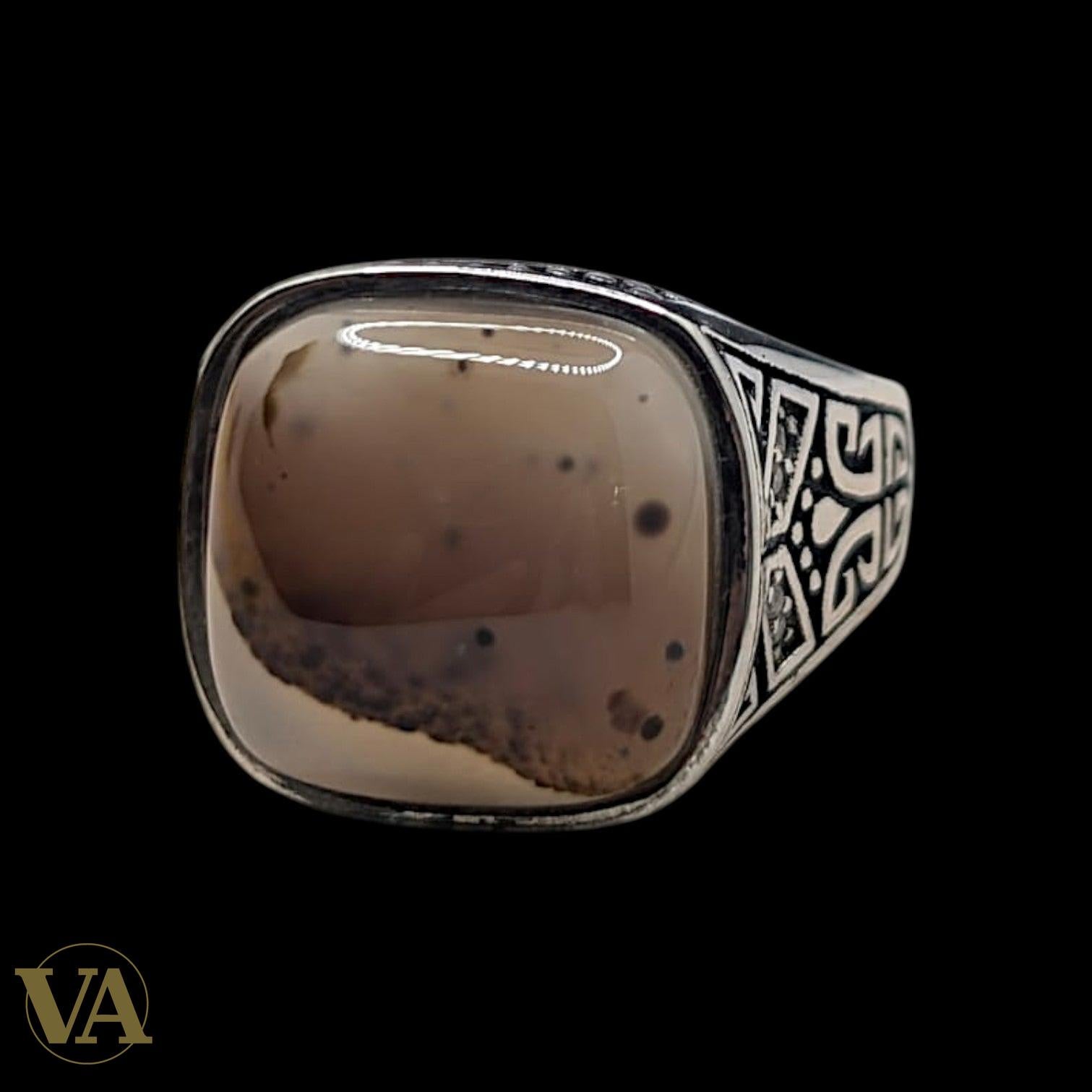 Chevalière Homme Argent 925 Agate Naturelle Motif Arabesque Géométrique-Vindicta : Bijoux Argent 925 Massif, Luxe et Héritage