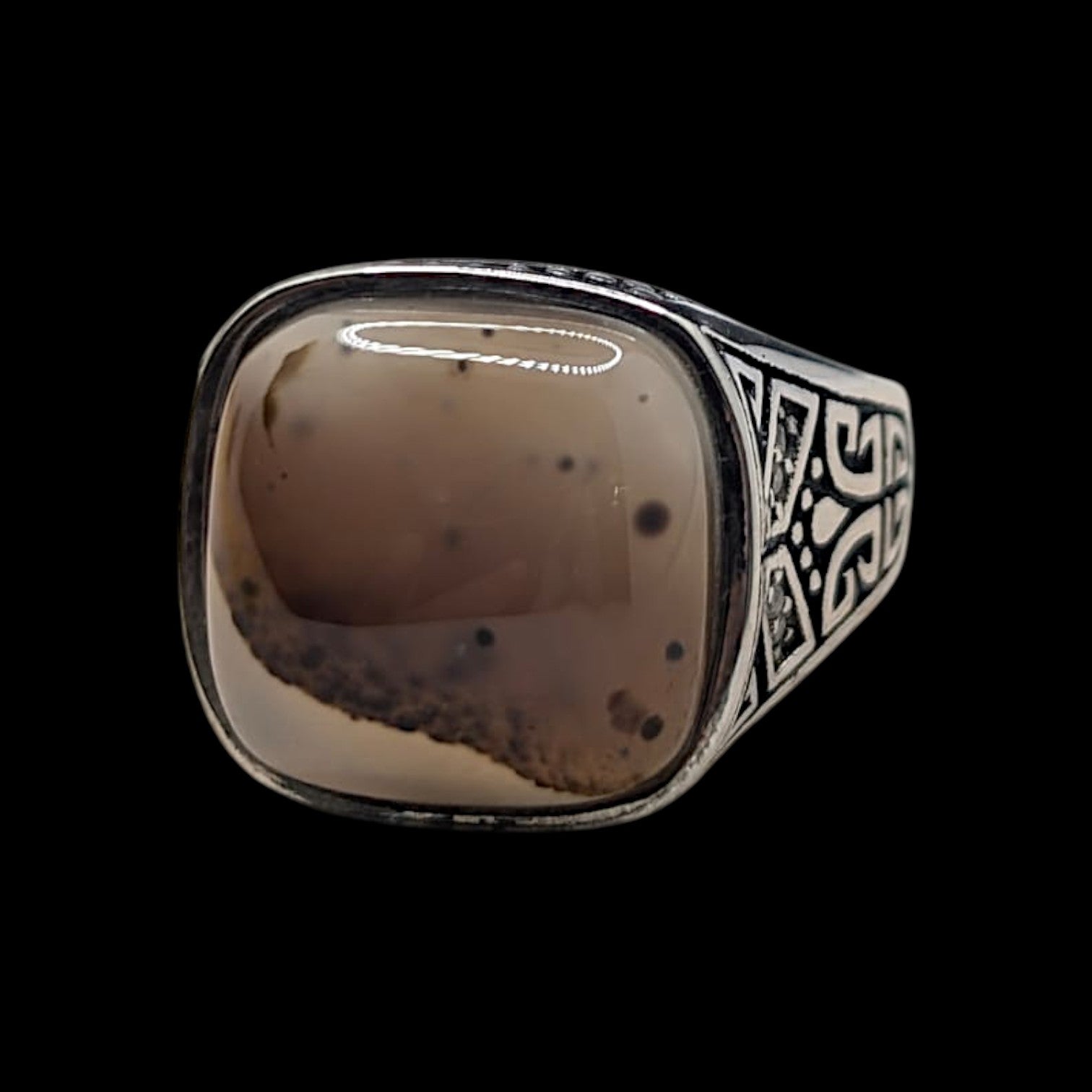 Chevalière Homme Argent 925 Agate Naturelle Motif Arabesque Géométrique-Vindicta : Bijoux Argent 925 Massif, Luxe et Héritage