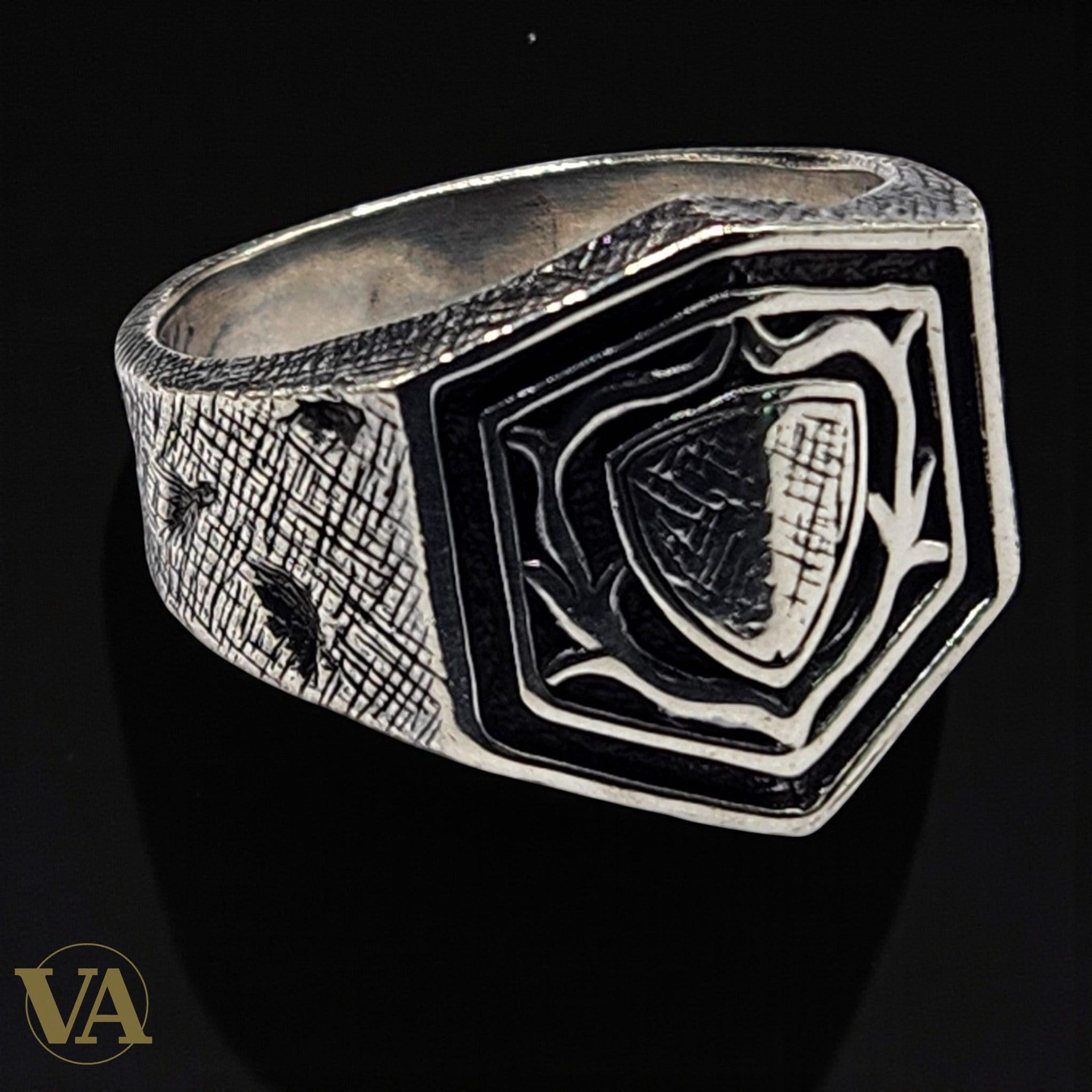 Bague Homme Argent 925 – Motif hexagonal bouclier stylisé & gravures texturées