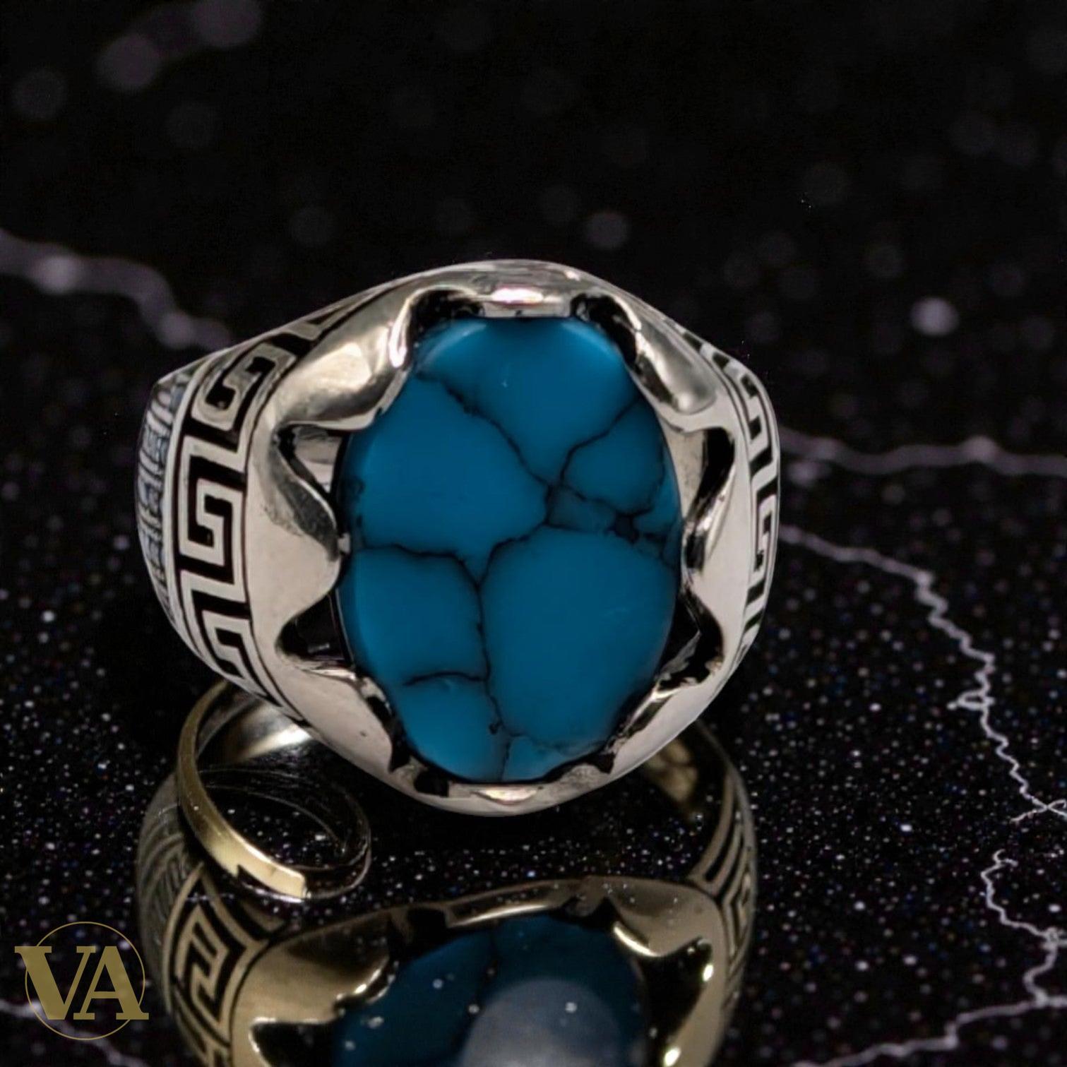 Bague Homme Argent 925 Turquoise Naturelle – Griffes & Méandre Grec