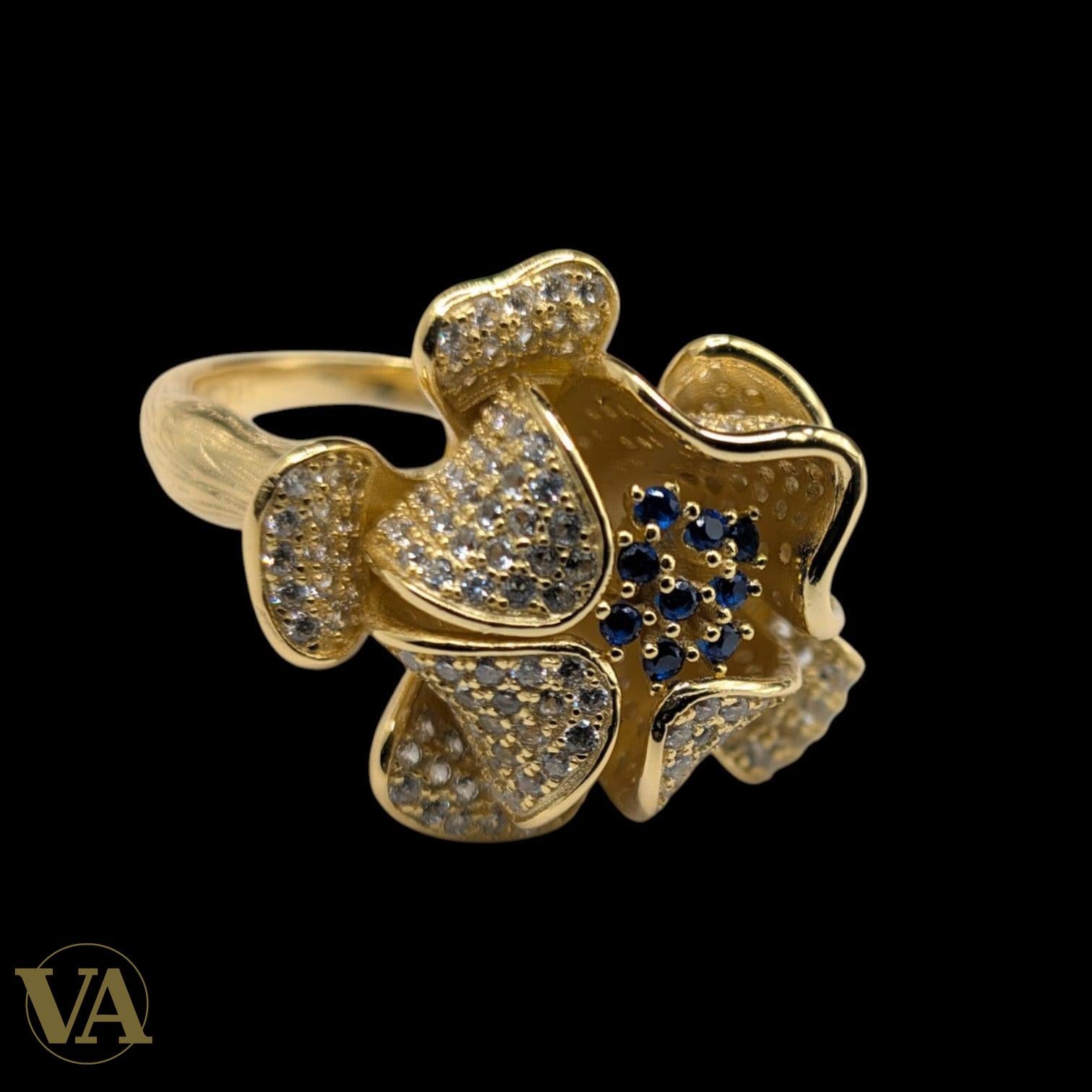 Bague Femme Argent 925 Plaqué Or – Fleur Zircon Blanc & Bleu