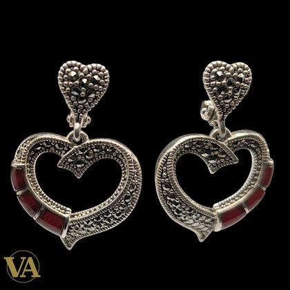 Boucles d'Oreilles Femme Argent 925 Coeur Cornaline et Marcassite