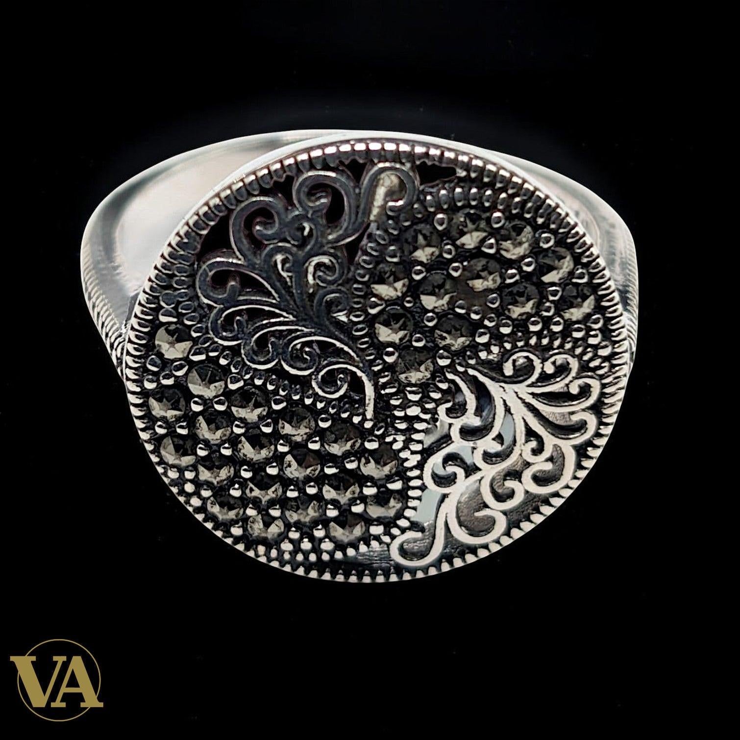 Bague Femme Argent 925 Marcassite – Grande Bague Ronde Vintage