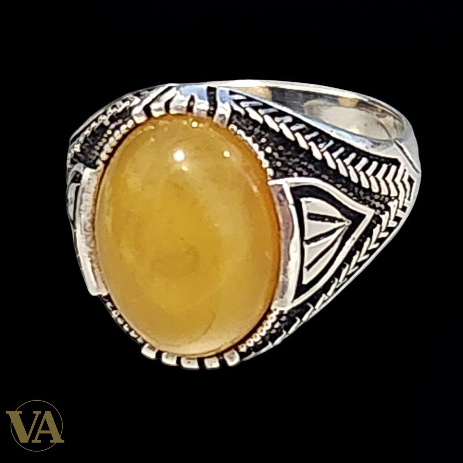 Bague homme argent 925 avec ambre jaune
