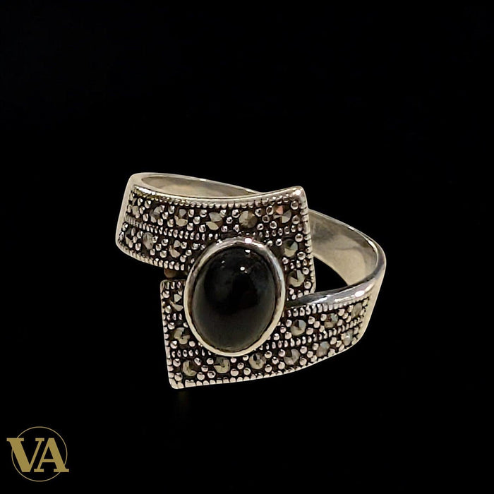 Bague femme Argent 925 Bleu Saphir & Marcassites – Ovale Vintage