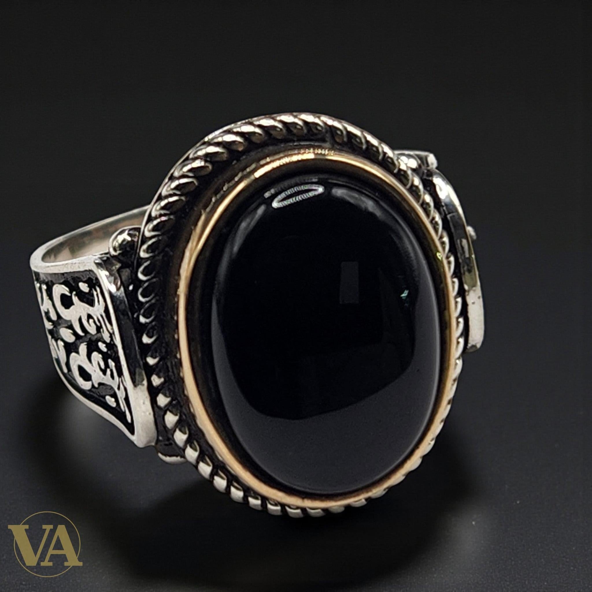 Bague Homme Argent 925 – Grand Onyx noir ovale & motifs ciselés - Argent 925 - Vindicta
