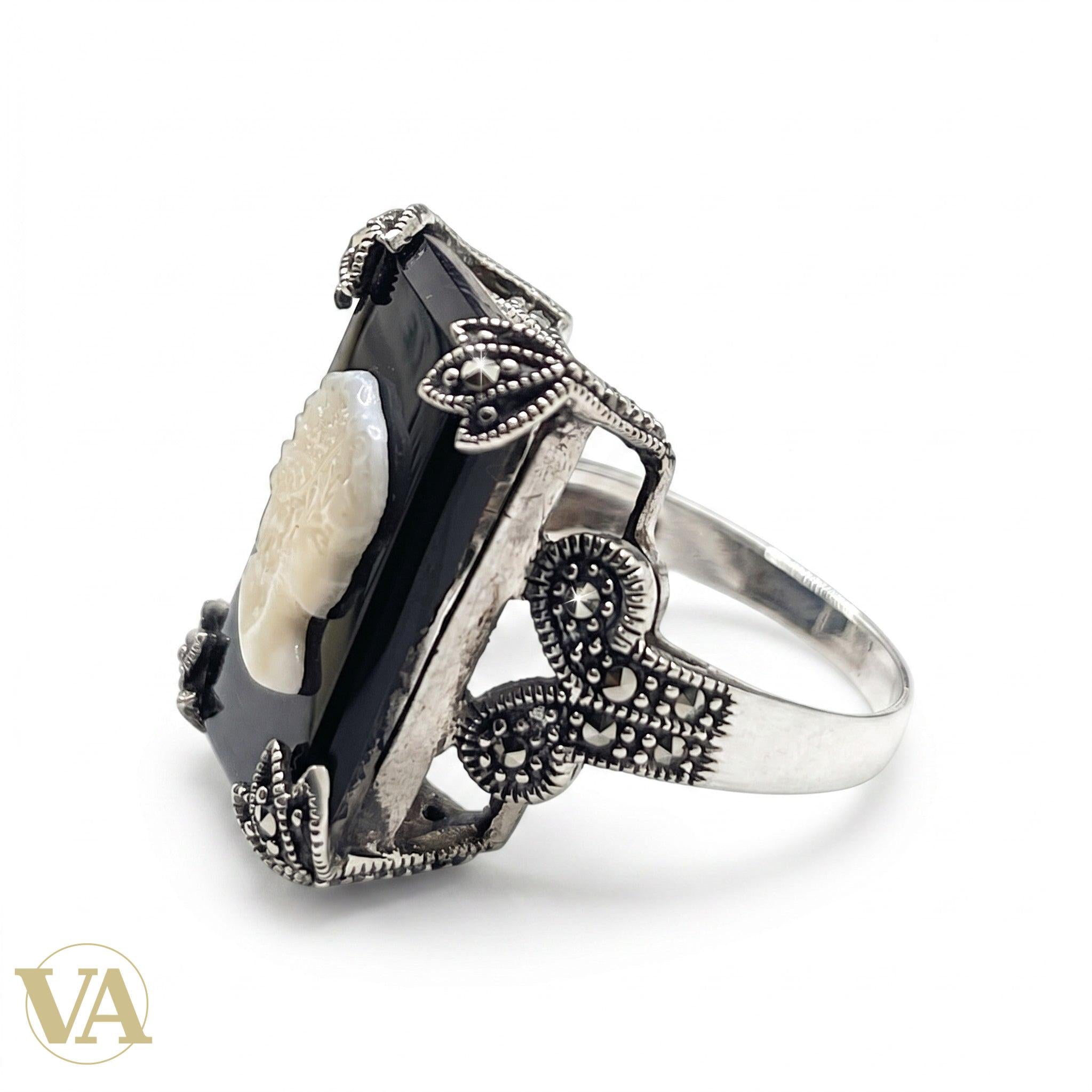 Bague Femme Argent 925 Camée Nacre Onyx Noir Marcassite Art Déco
