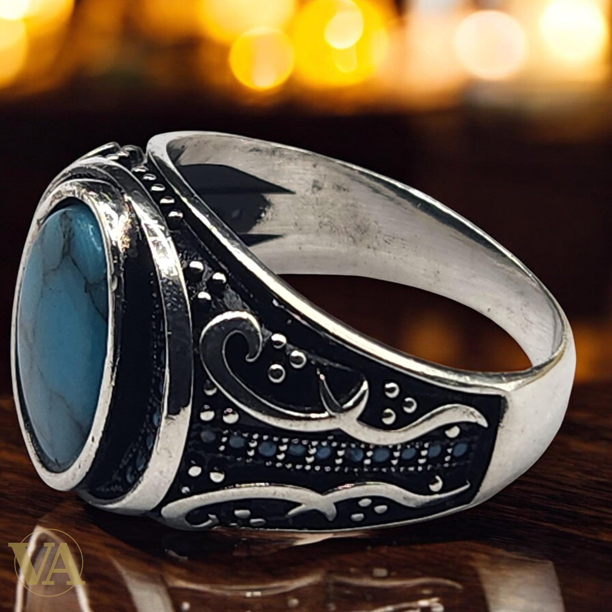 Bague Homme Argent 925 – Turquoise ovale cabochon & monture travaillée - Argent 925 - Vindicta
