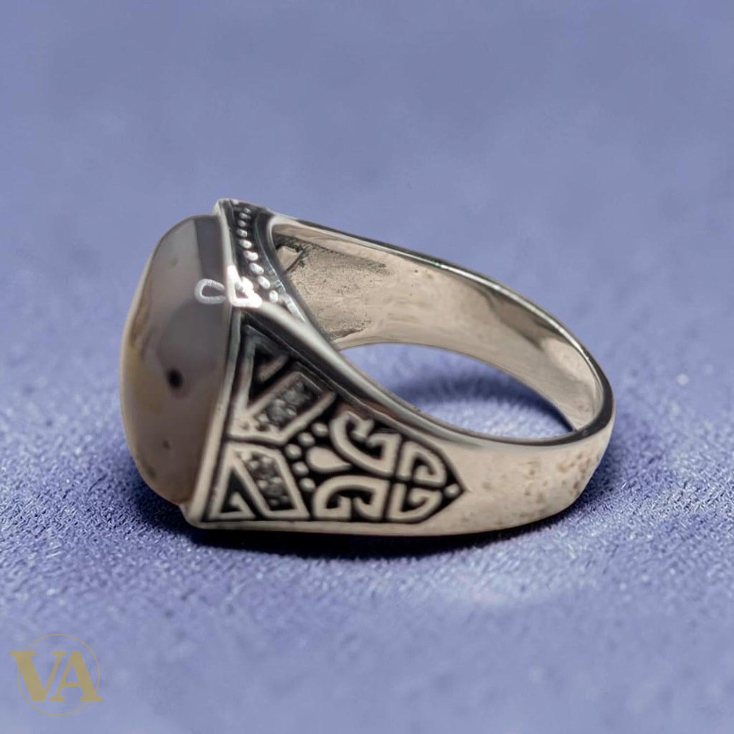 Chevalière Homme Argent 925 Agate Naturelle Motif Arabesque Géométrique-Vindicta : Bijoux Argent 925 Massif, Luxe et Héritage