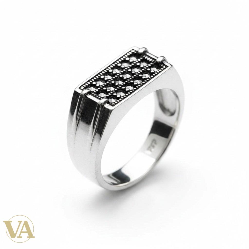 Chevalière Homme Argent 925 Marcassite Pavé Rectangulaire Art Déco-Vindicta : Bijoux Argent 925 Massif, Luxe et Héritage