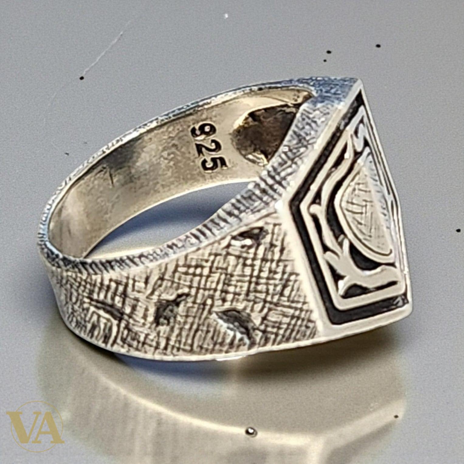 Bague Homme Argent 925 – Motif hexagonal bouclier stylisé & gravures texturées