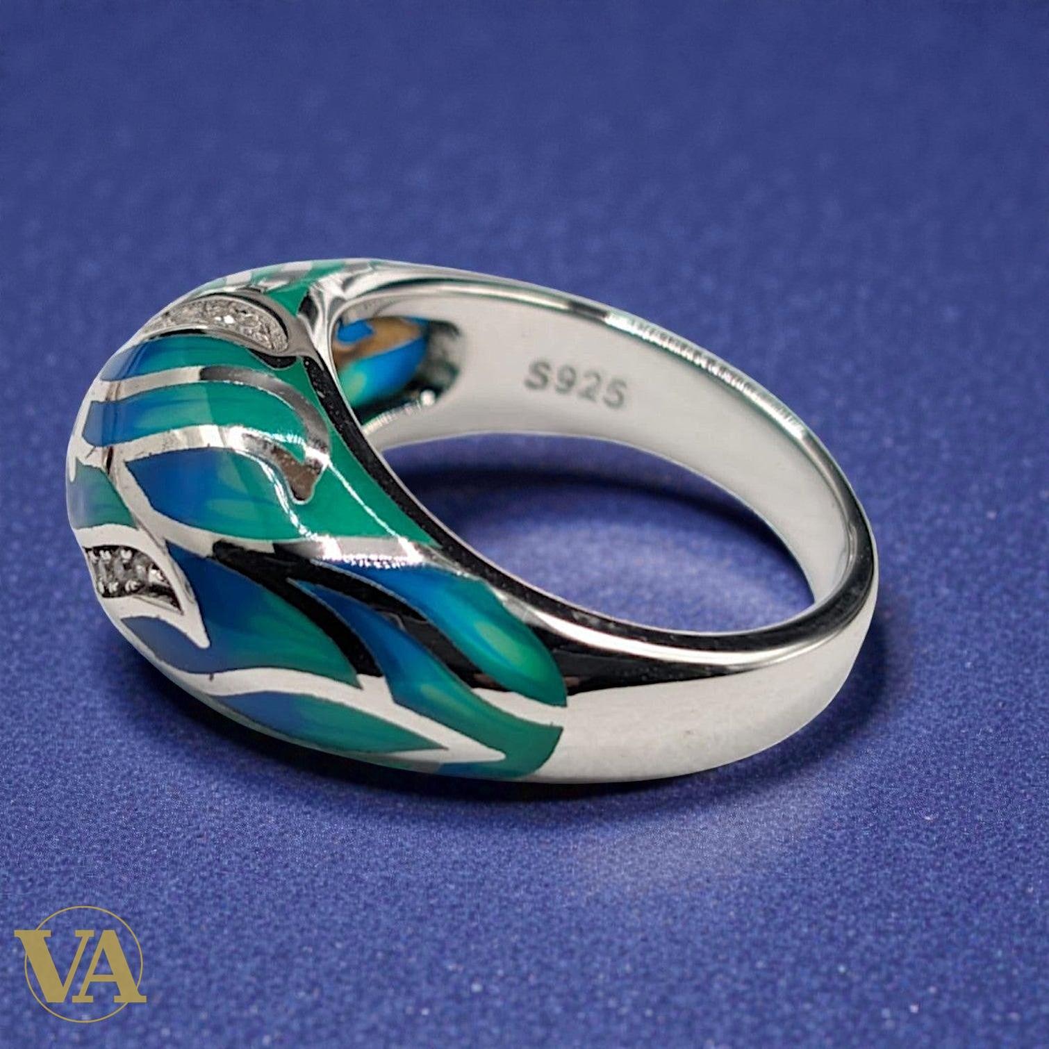 Bague Femme Argent 925 Émail Turquoise Bleu - Design Vagues