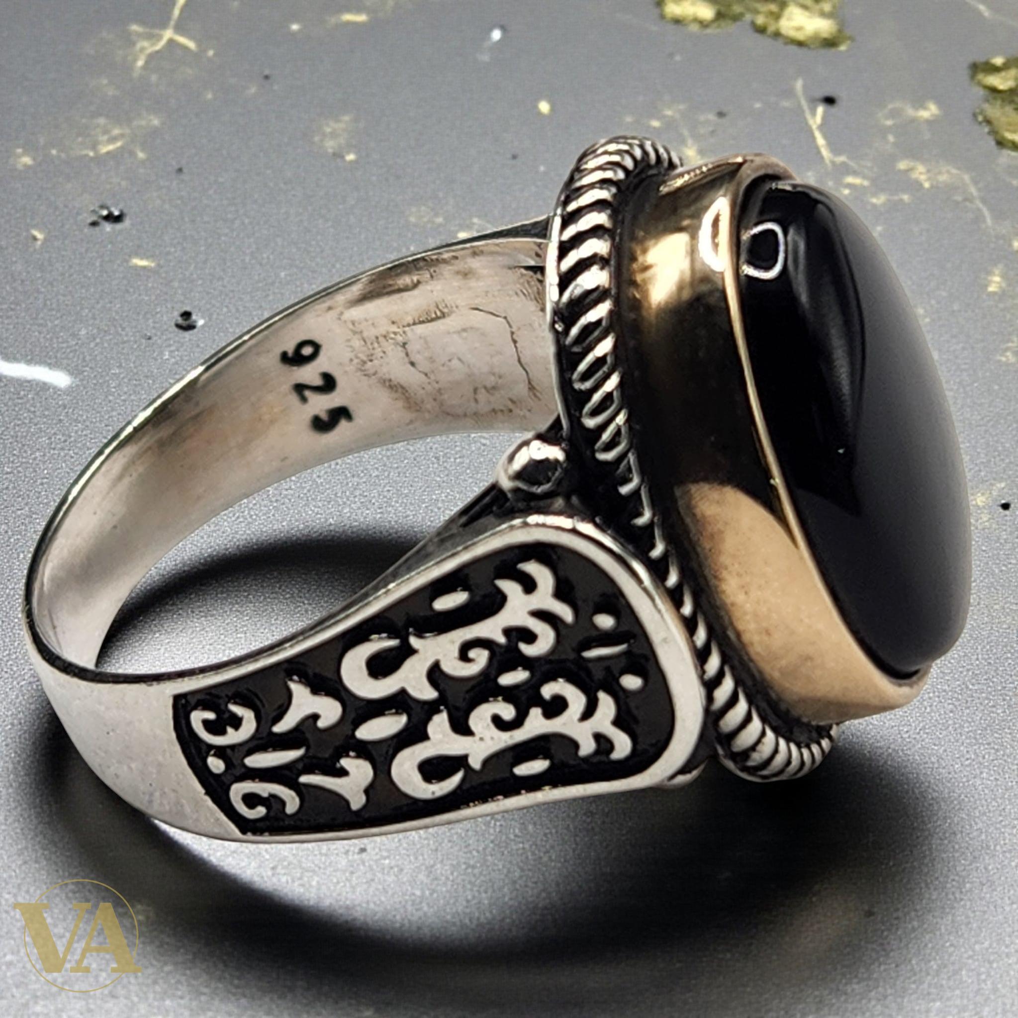 Bague Homme Argent 925 – Grand Onyx noir ovale & motifs ciselés