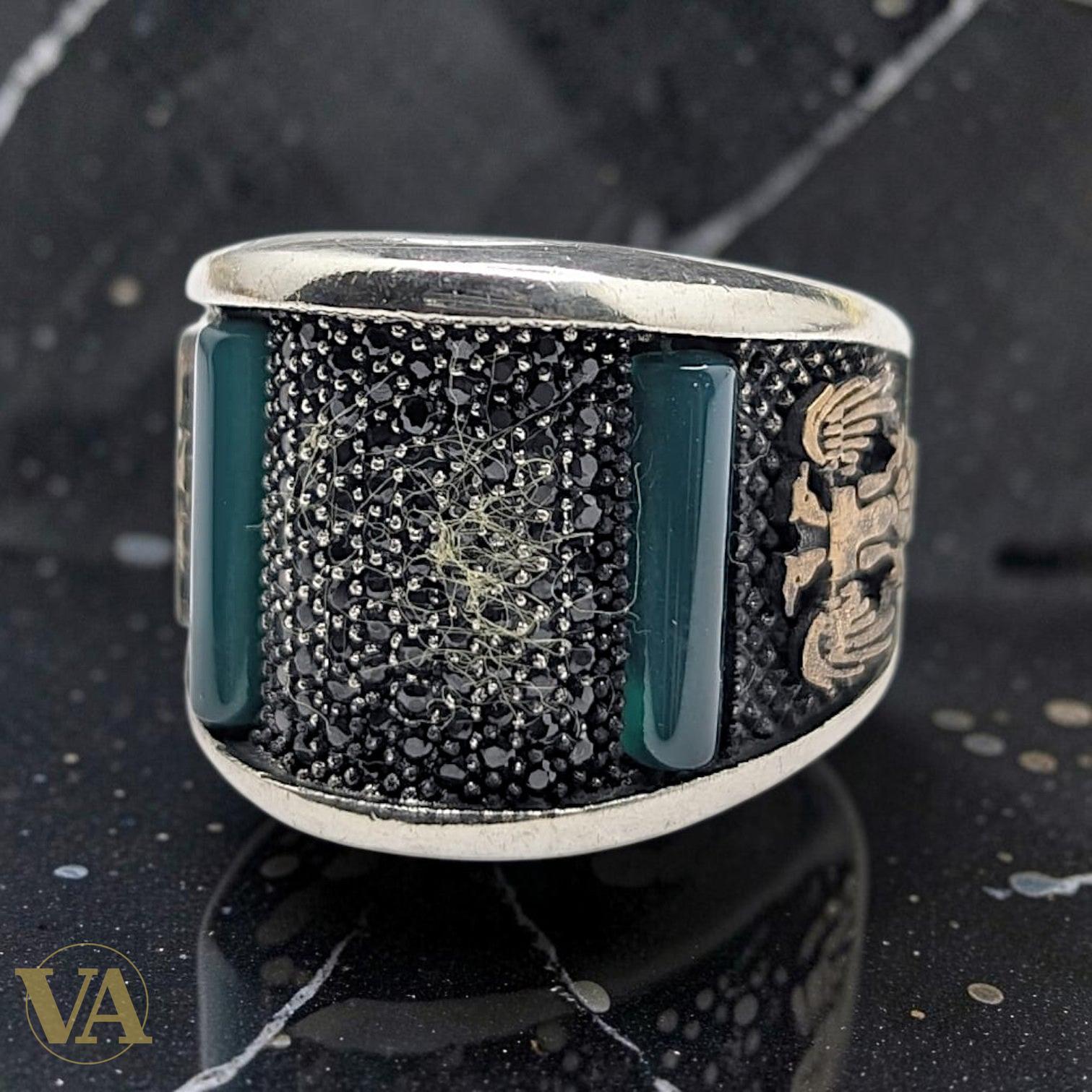 Chevalière Homme Argent 925 Zircons Noirs Aventurine Verte Calligraphie Ottomane