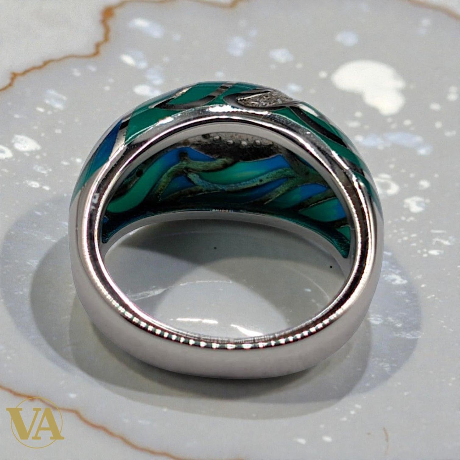Bague Femme Argent 925 Émail Turquoise Bleu - Design Vagues