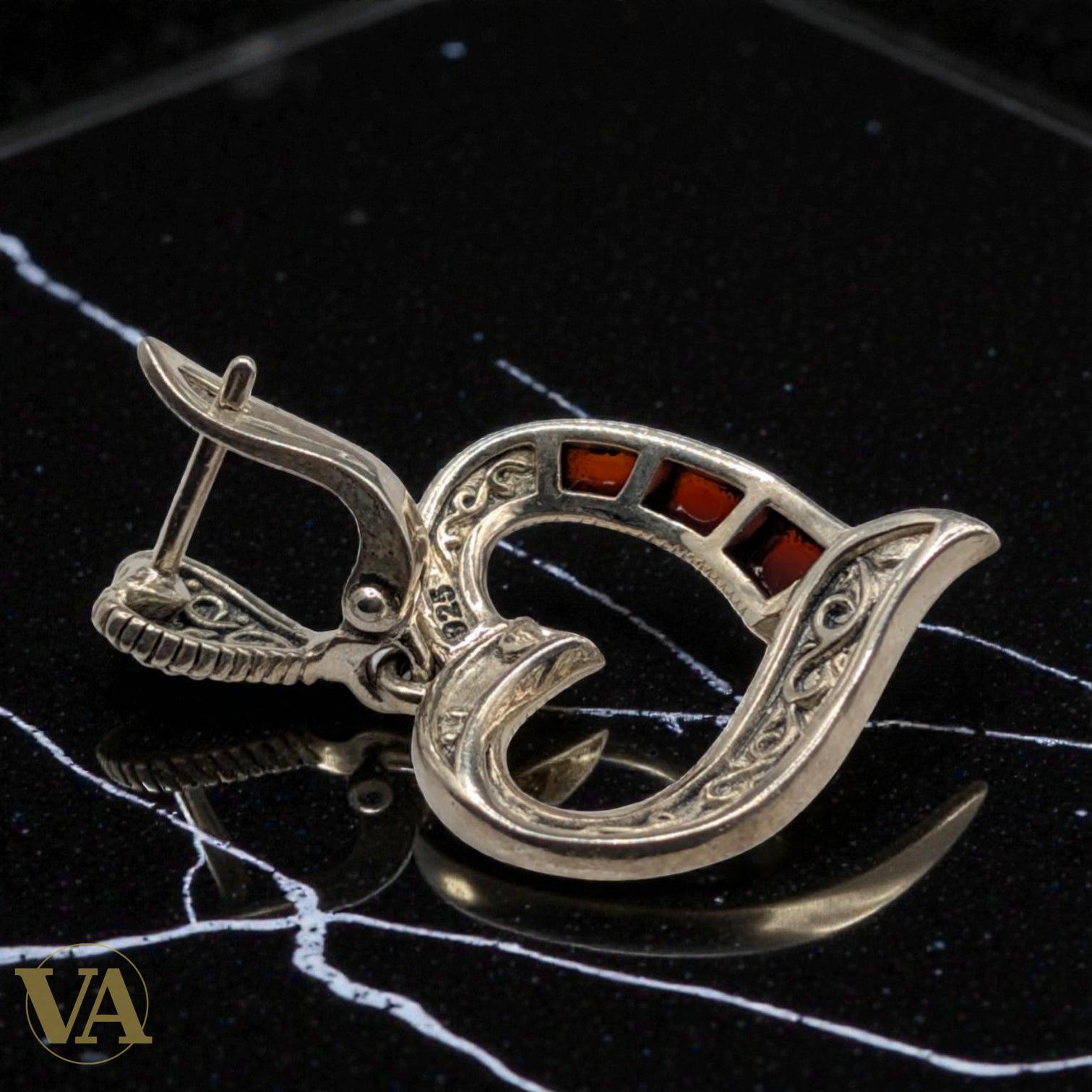 Boucles d'Oreilles Argent 925 Coeur Cornaline et Marcassite