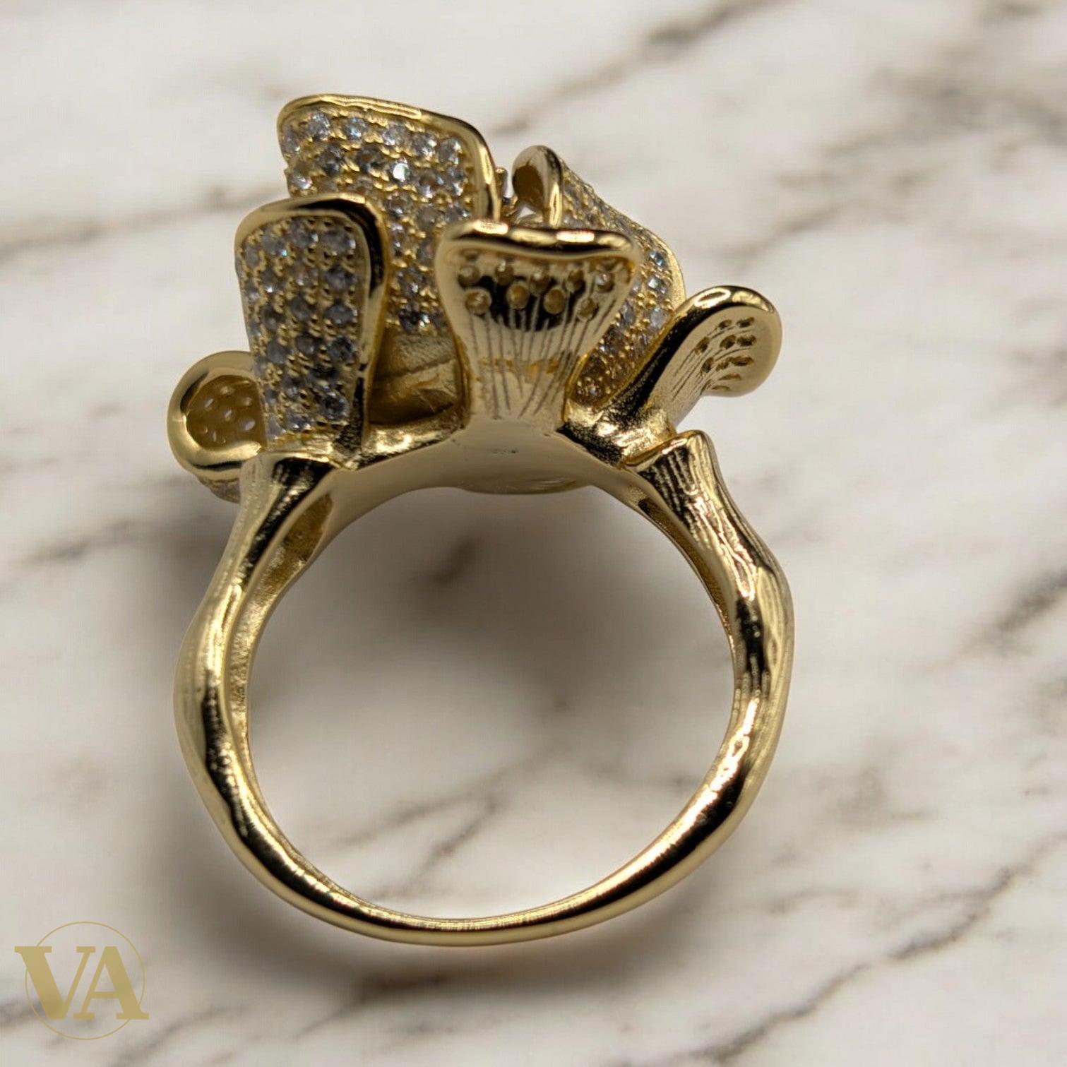 Bague Femme Argent 925 Plaqué Or – Fleur Zircon Blanc & Bleu