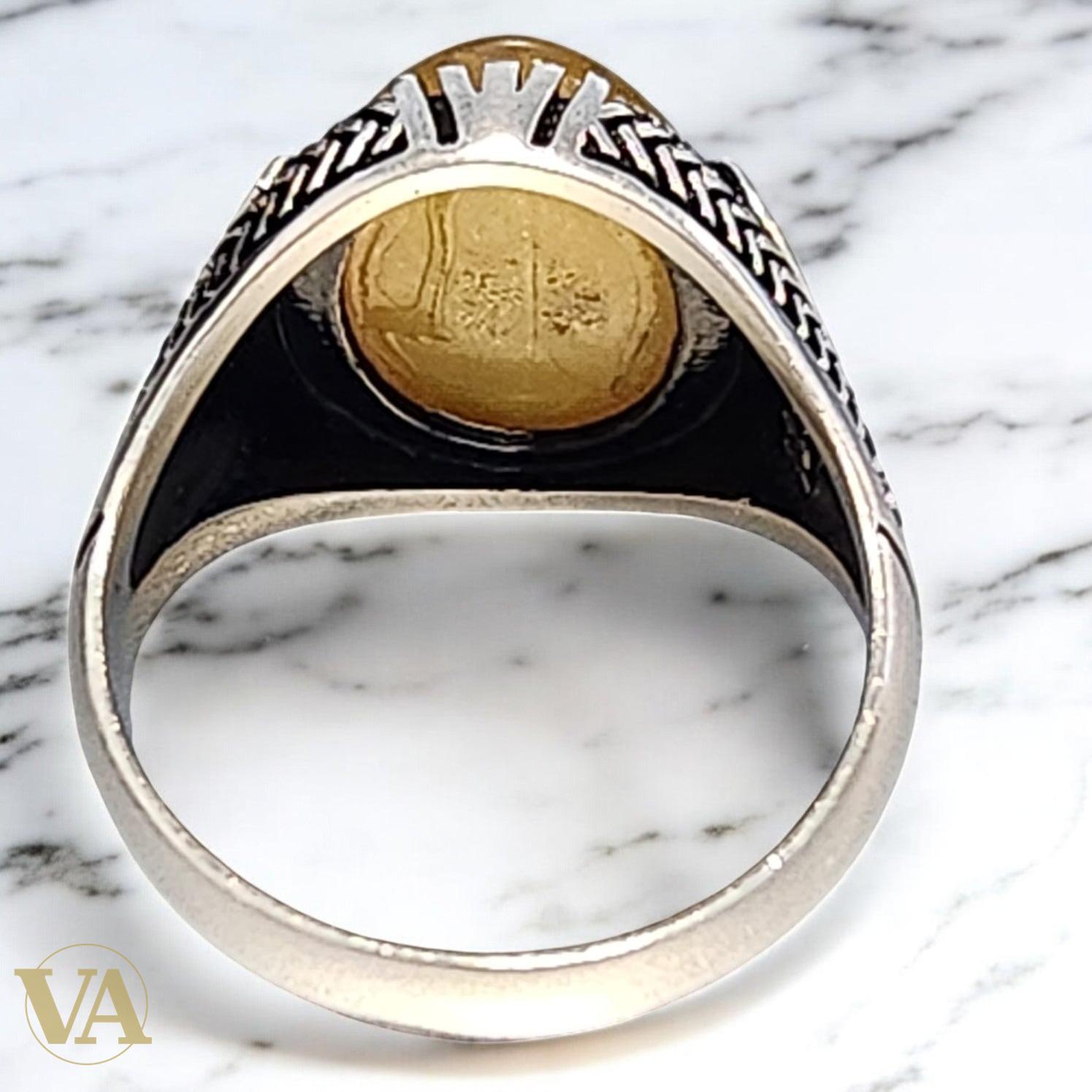 Bague homme argent 925 avec ambre jaune