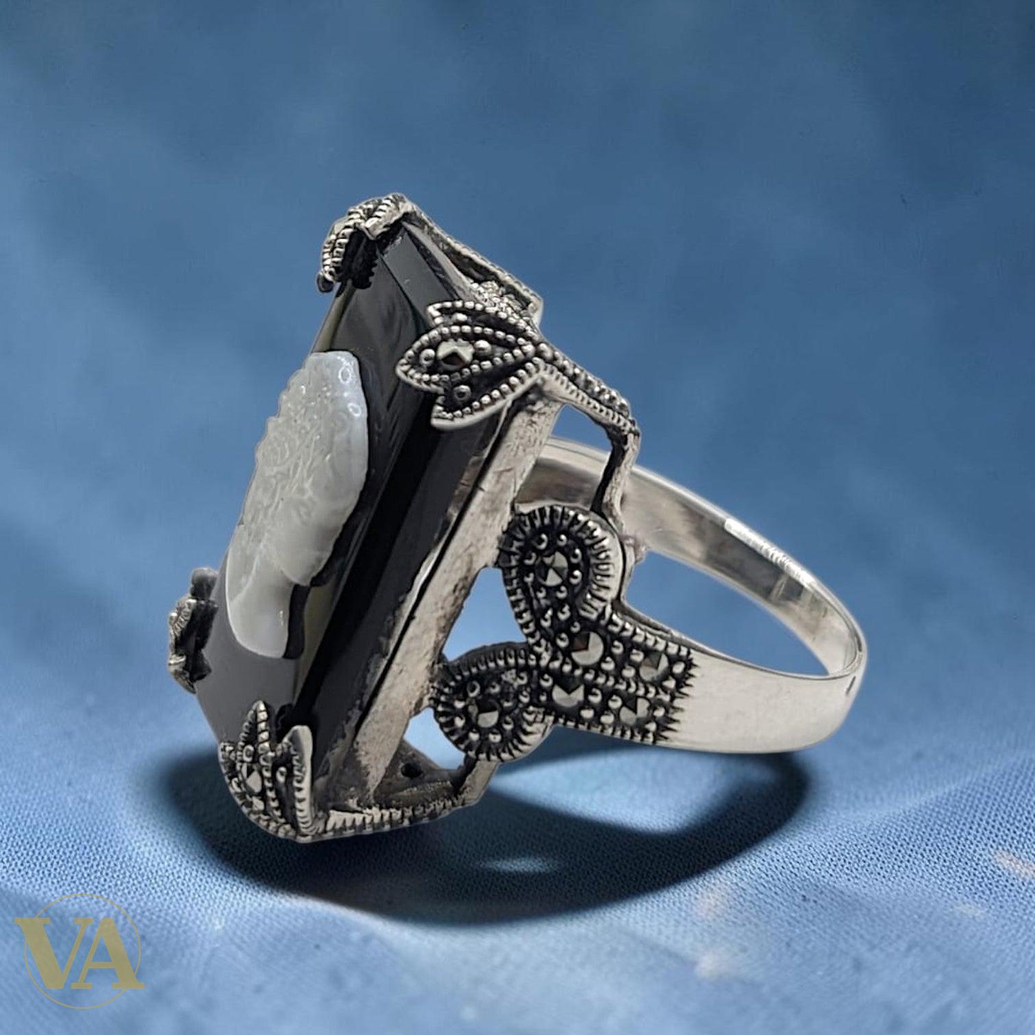 Bague Femme Argent 925 Camée Nacre Onyx Noir Marcassite Art Déco