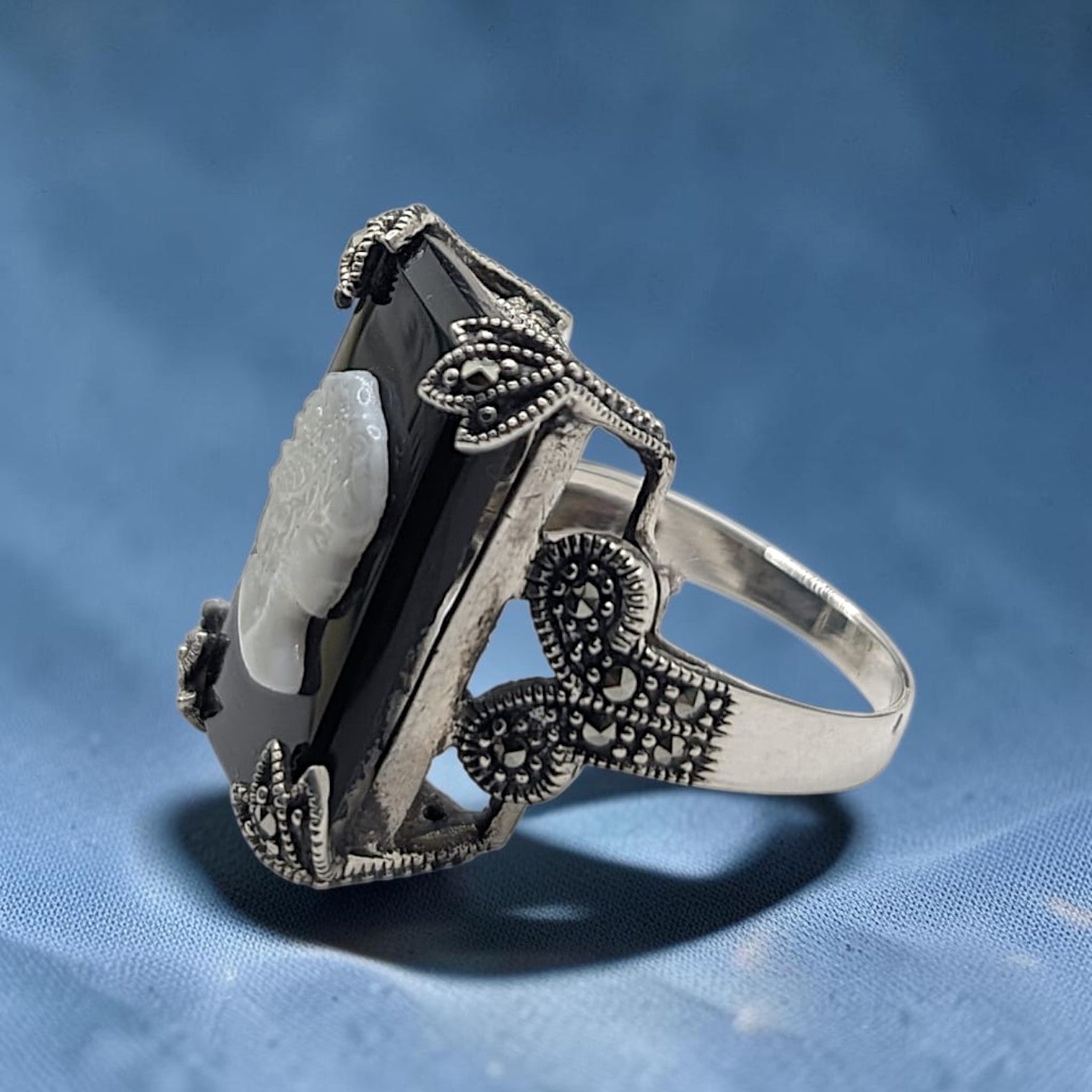 Bague Femme Argent 925 Camée Nacre Onyx Noir Marcassite Art Déco-Vindicta : Bijoux Argent 925 Massif, Luxe et Héritage