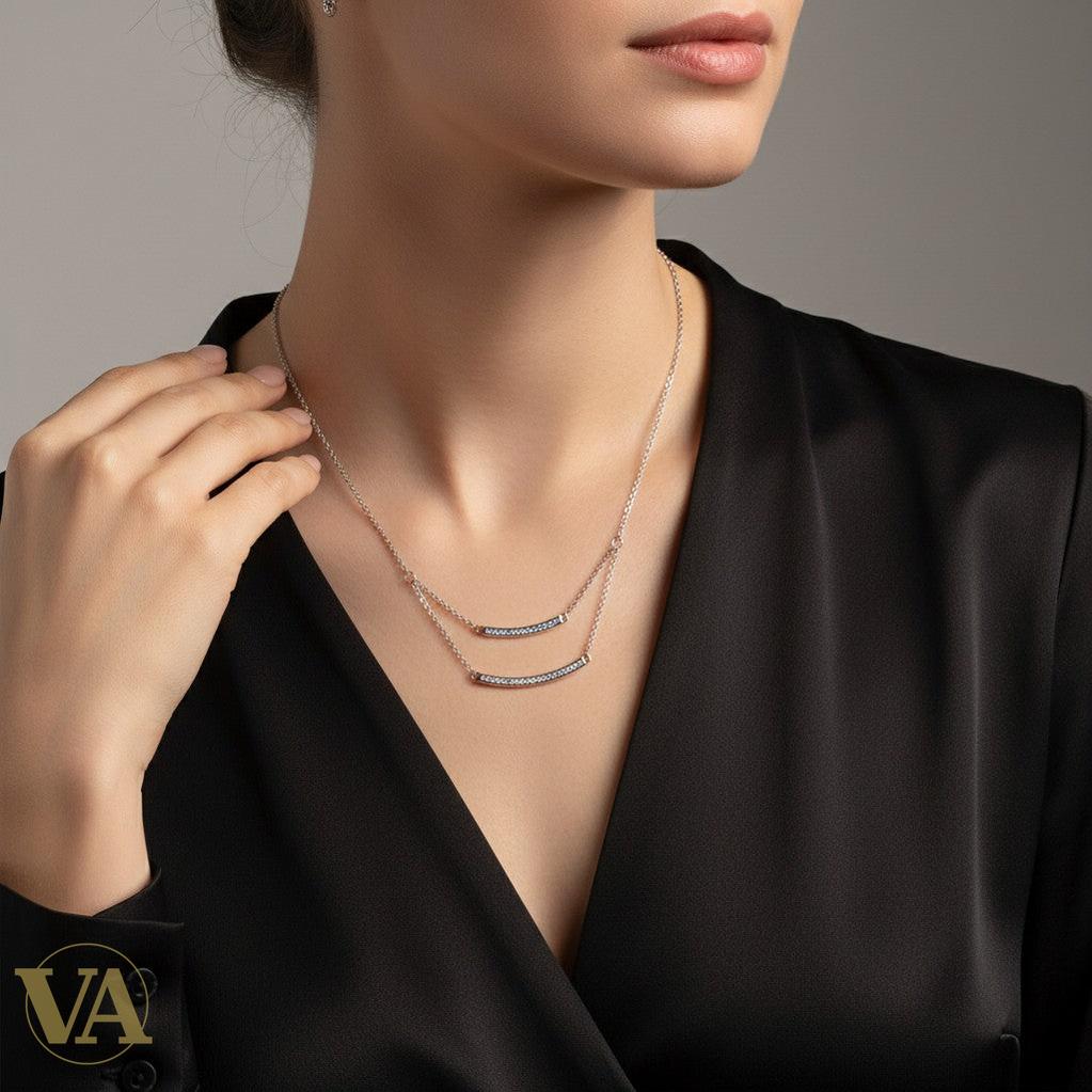 Collier Femme Argent 925 — Double Rang Barres Incurvées Pavé Zircons | Bijoux Vindicta