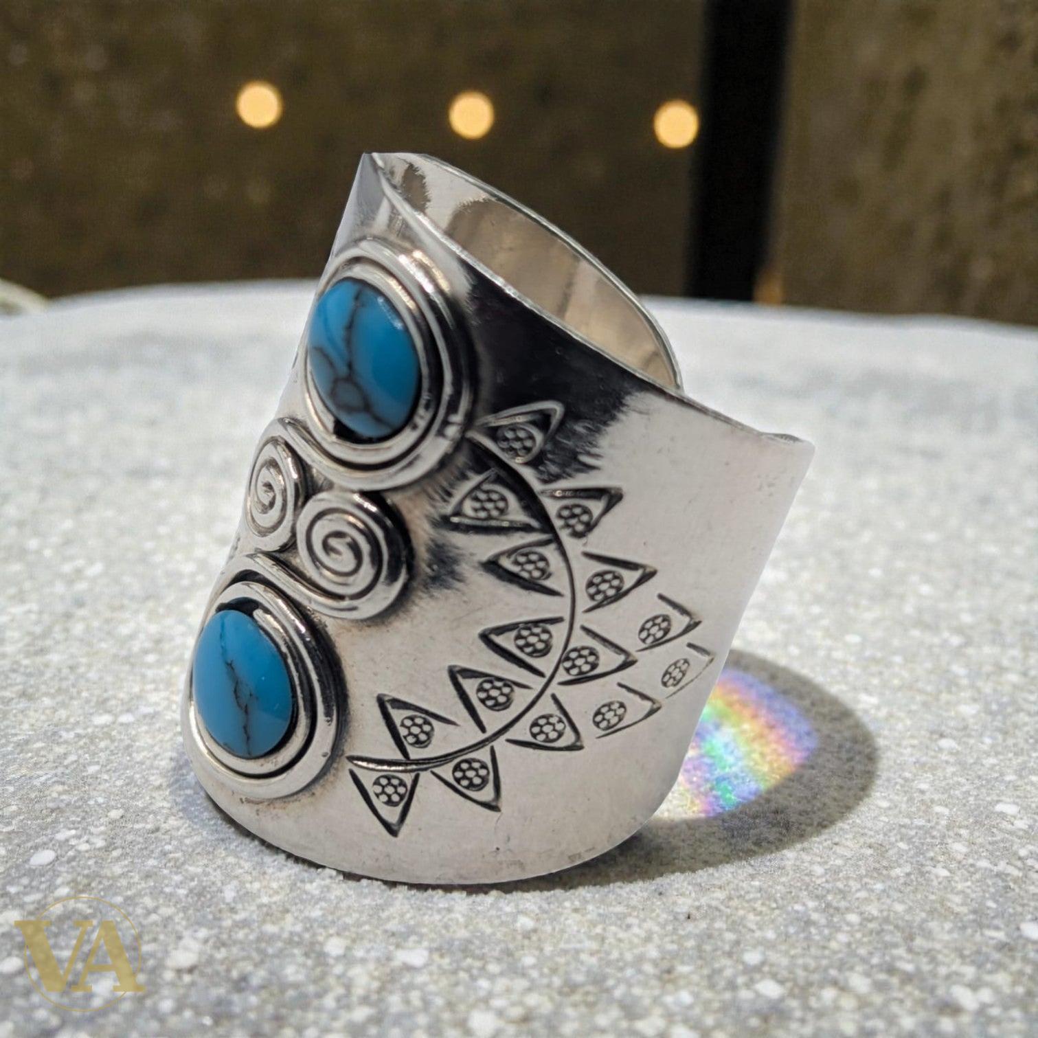 Bague femme Argent 925 Massif Turquoise Naturelle Design Tribal