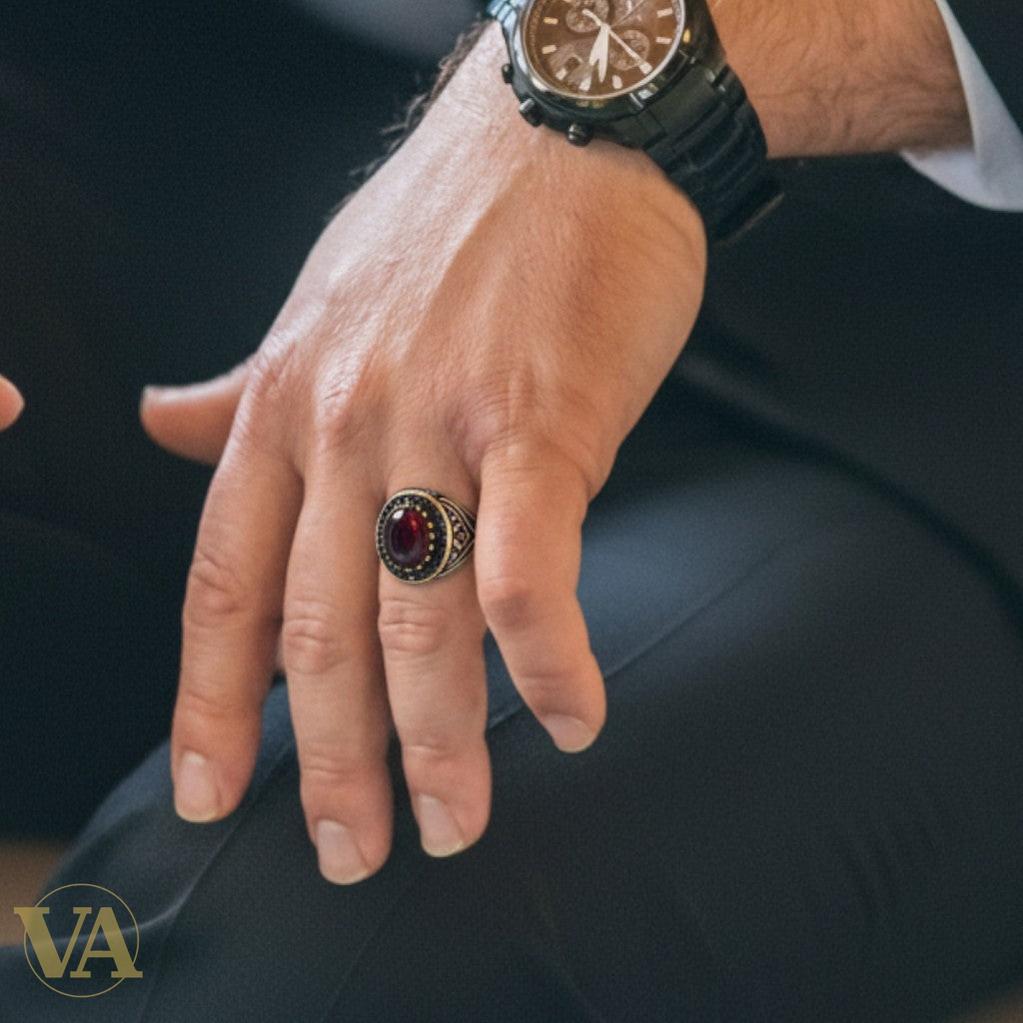 Bague homme – Argent 925 – Cornaline & oxydes noirs