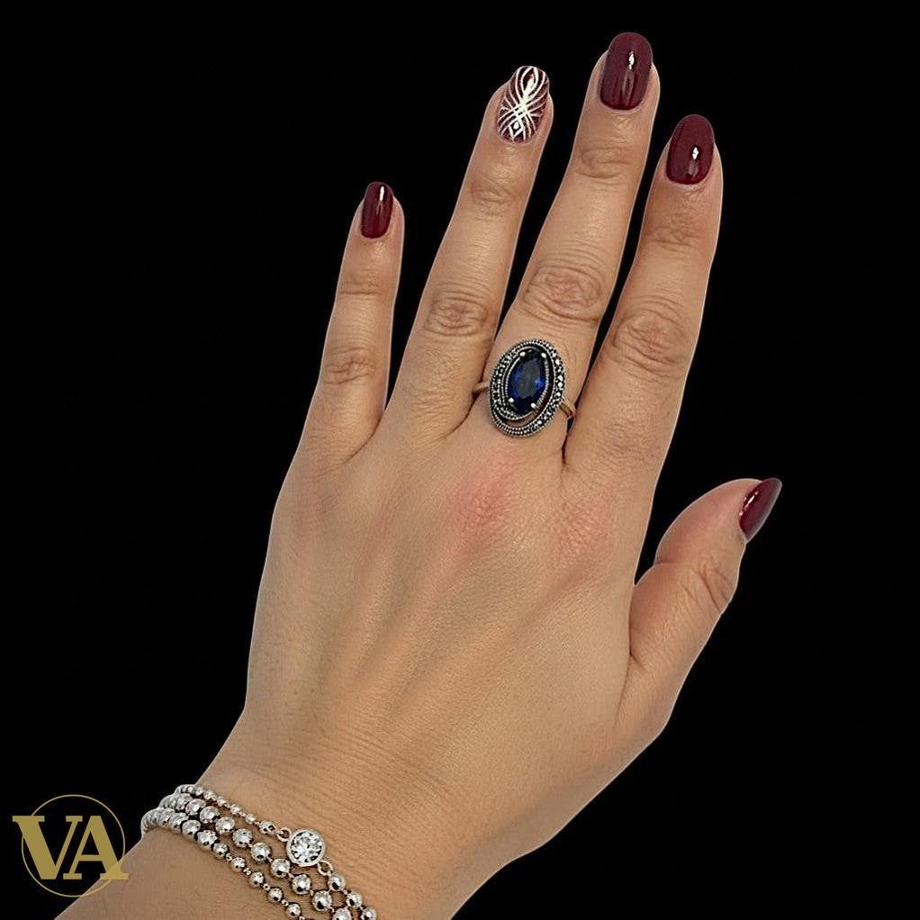Bague femme Argent 925 Pierre Bleue & Marcassites – Ovale Vintage