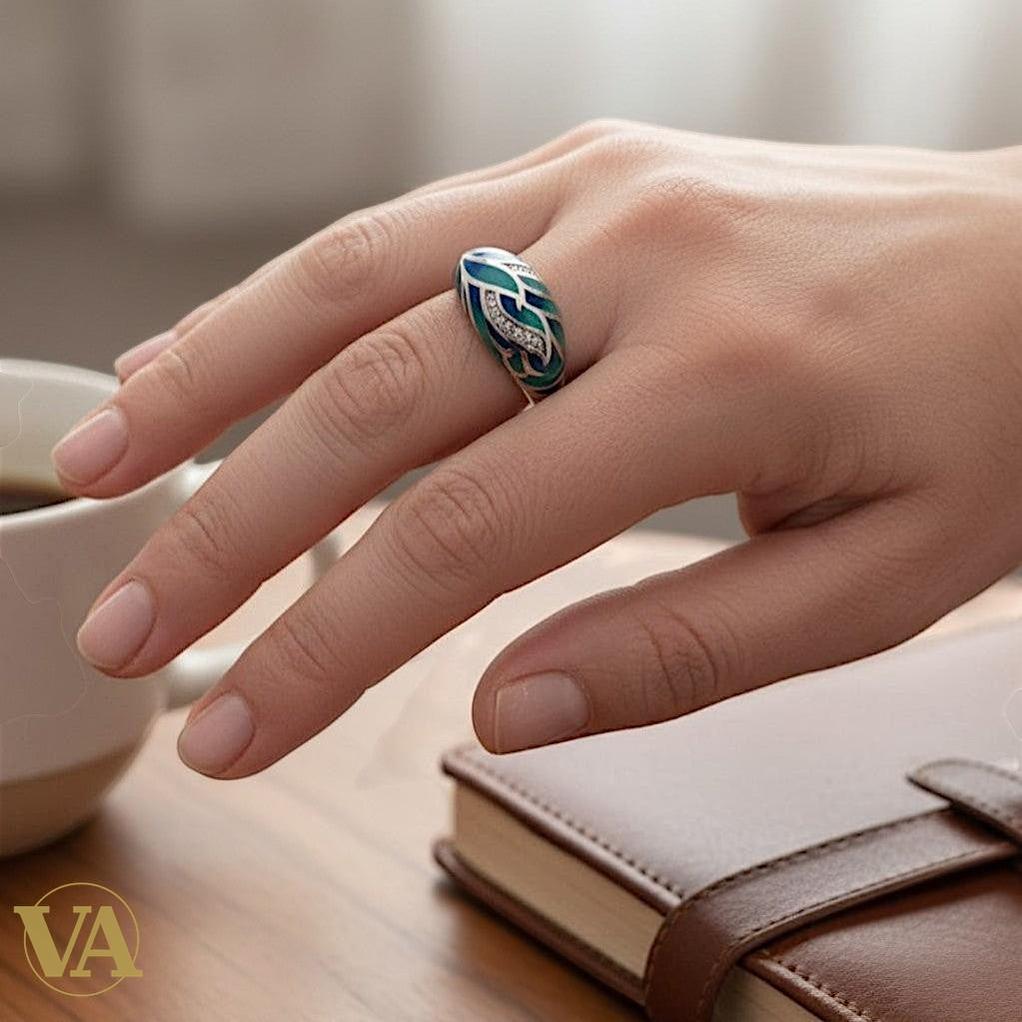 Bague Femme Argent 925 Émail Turquoise Bleu - Design Vagues