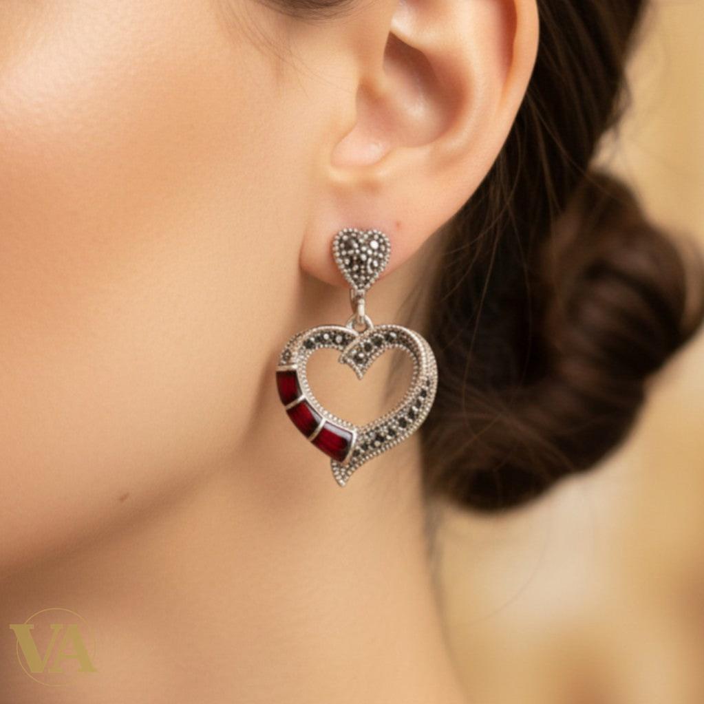 Boucles d'Oreilles Argent 925 Coeur Cornaline et Marcassite