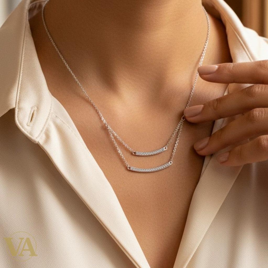 Collier Femme Argent 925 — Double Rang Barres Incurvées Pavé Zircons | Bijoux Vindicta