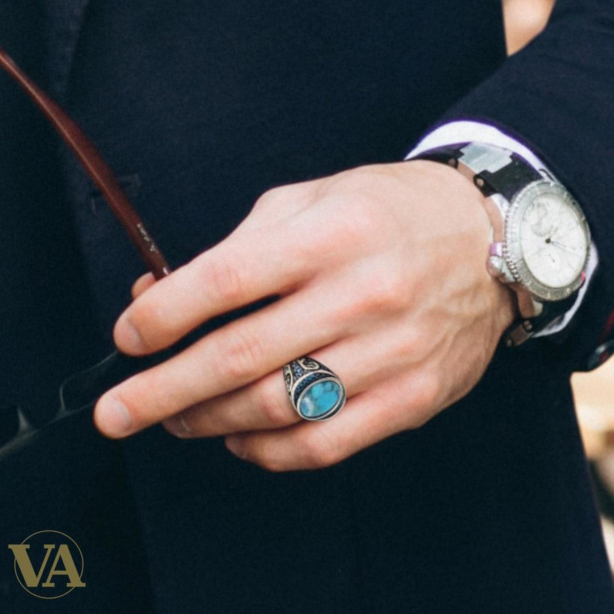 Bague Homme Argent 925 – Turquoise ovale cabochon & monture travaillée - Argent 925 - Vindicta