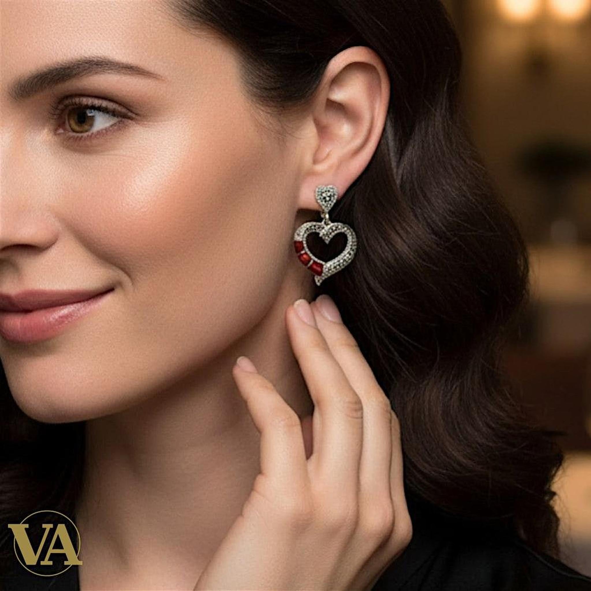 Boucles d'Oreilles Femme Argent 925 Coeur Cornaline et Marcassite | Bijoux Vindicta