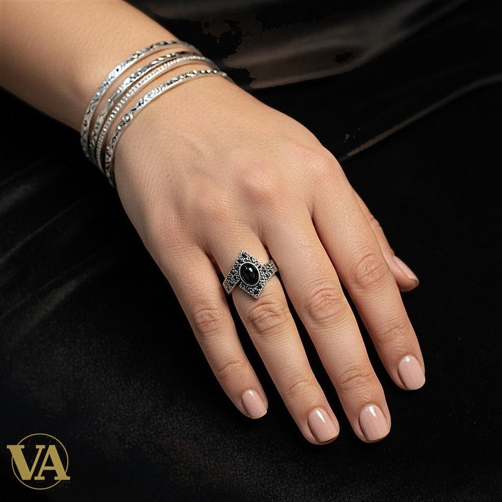 Bague femme Argent 925 Bleu Saphir & Marcassites – Ovale Vintage