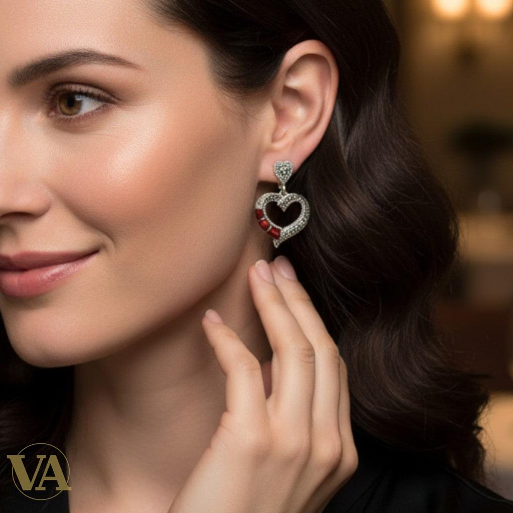 Boucles d'Oreilles Argent 925 Coeur Cornaline et Marcassite