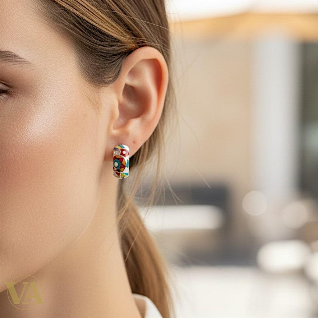 Boucles d'oreilles Femme Argent 925 – Émail Blanc Floral Pop Art & Zirconiums