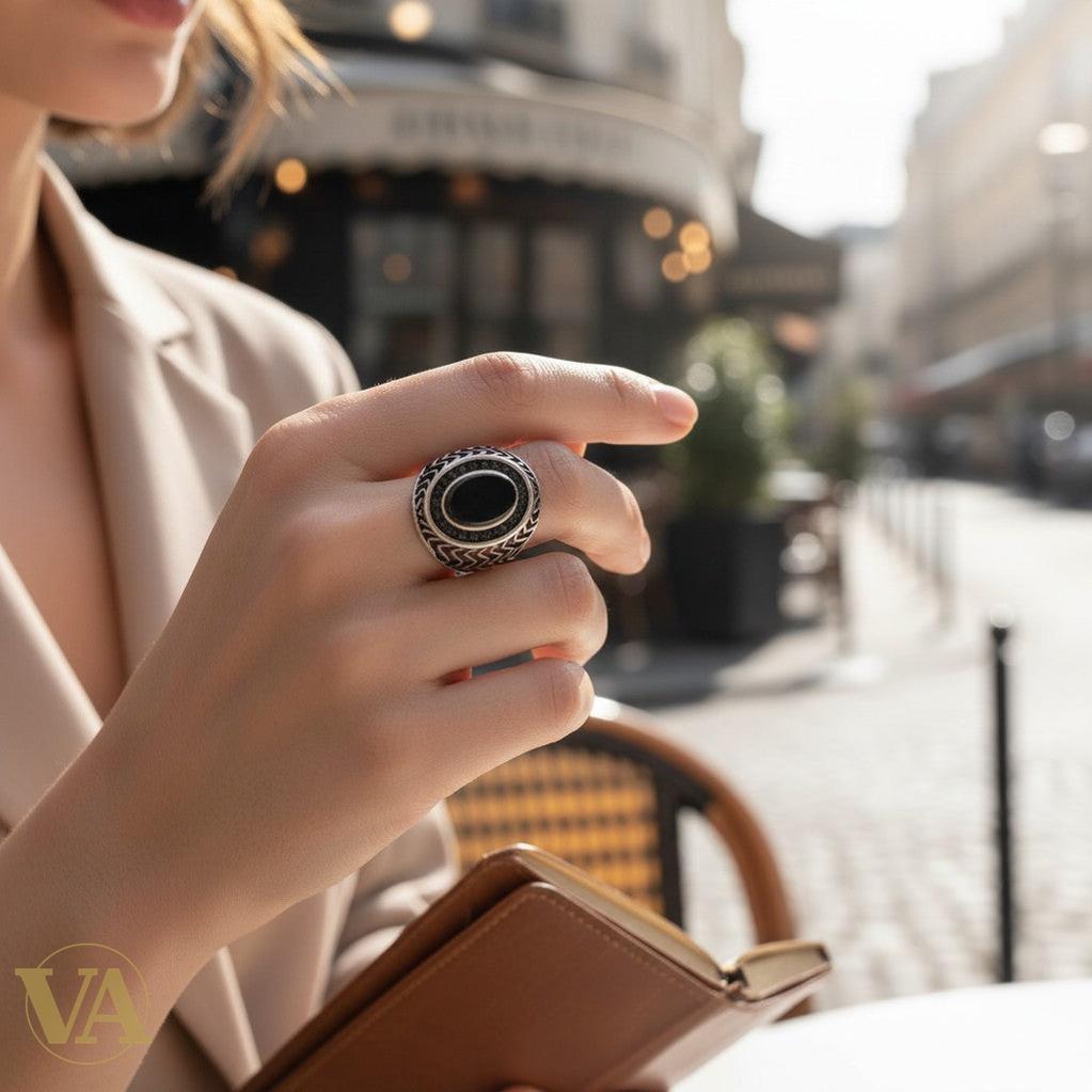 Bague Femme Argent 925 & Onyx Noir – Châton Ovale Filigrane Ottoman | Bijoux Vindicta