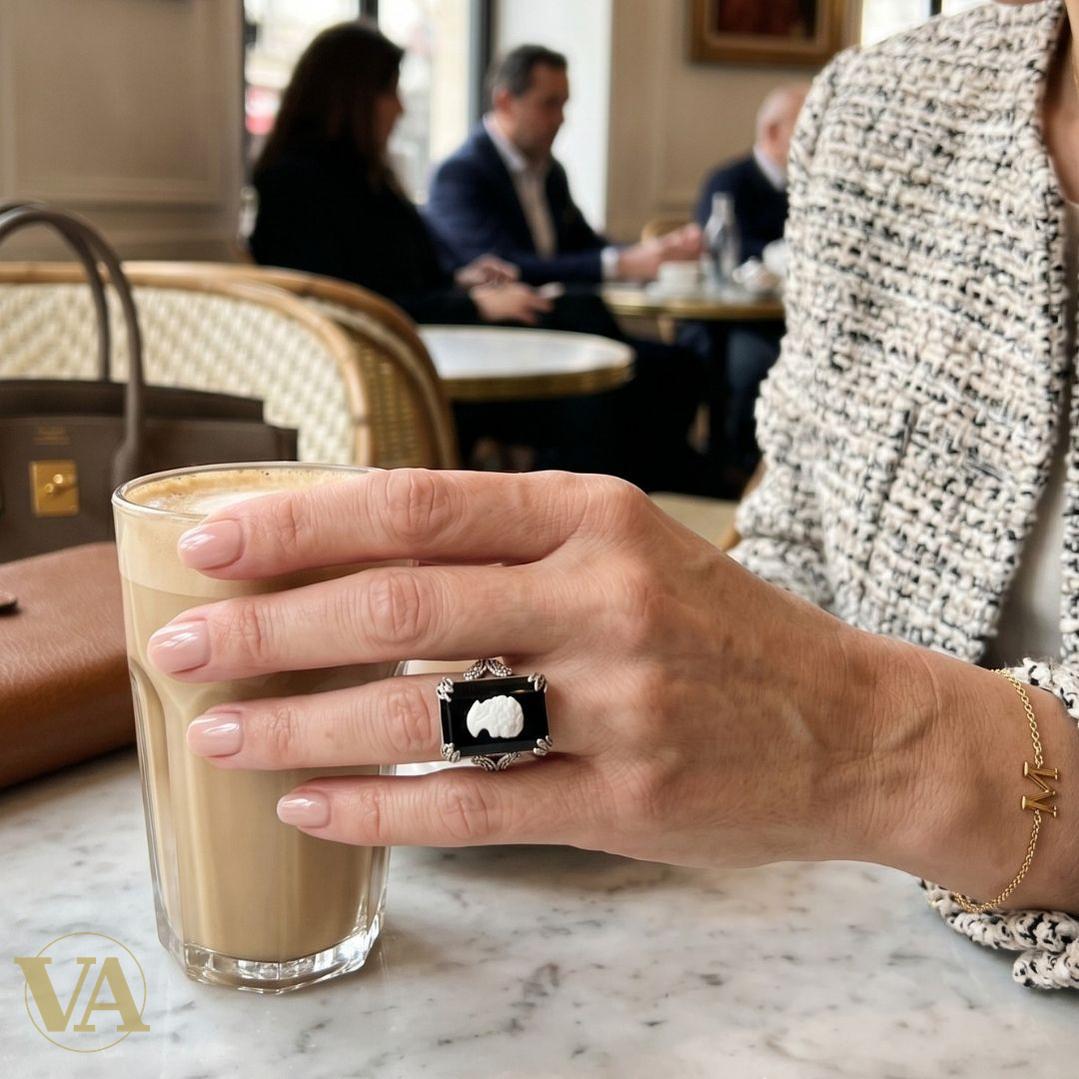 Bague Femme Argent 925 Camée Nacre Onyx Noir Marcassite Art Déco