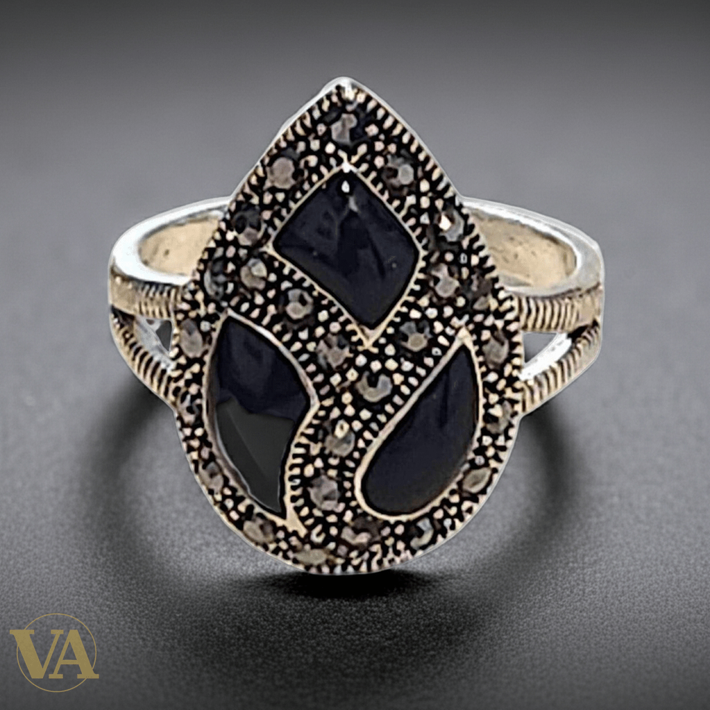 Bague Femme argent 925 goutte onyx noir et marcassites - Argent 925 - Vindicta