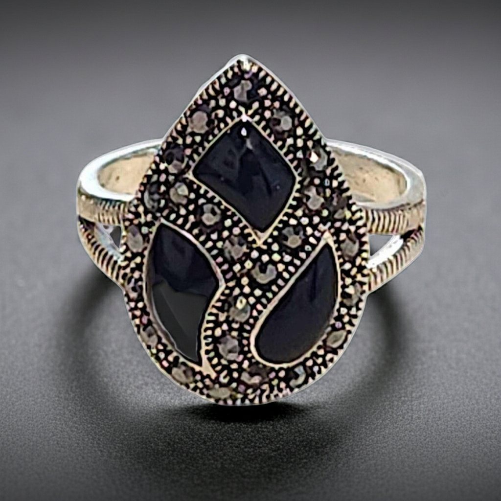 Bague Femme argent 925 goutte onyx noir et marcassites