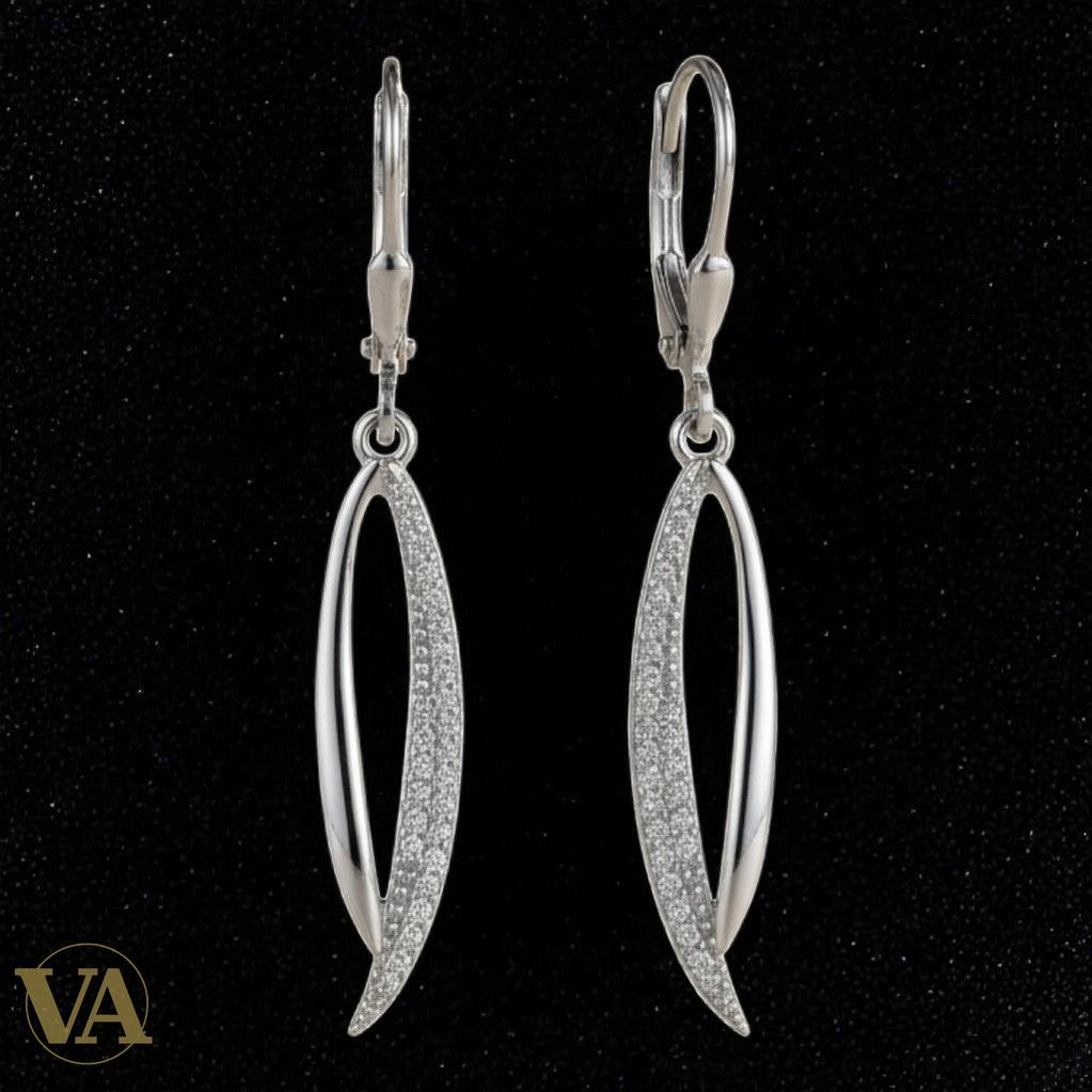 Boucles d'Oreilles Femme Pendantes Argent 925 – Navette Pavée Zirconium