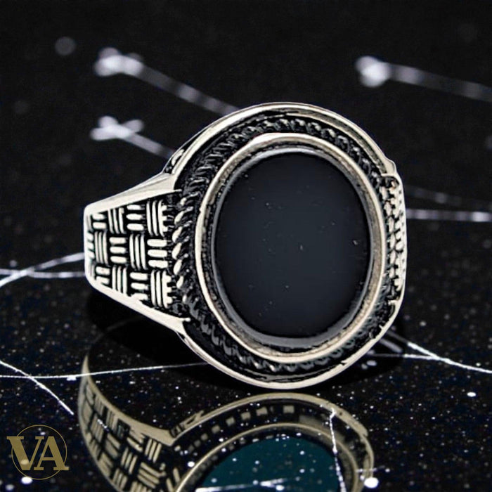 Bague homme argent 925 – Onyx Noir & Monture Tressée Ottomane