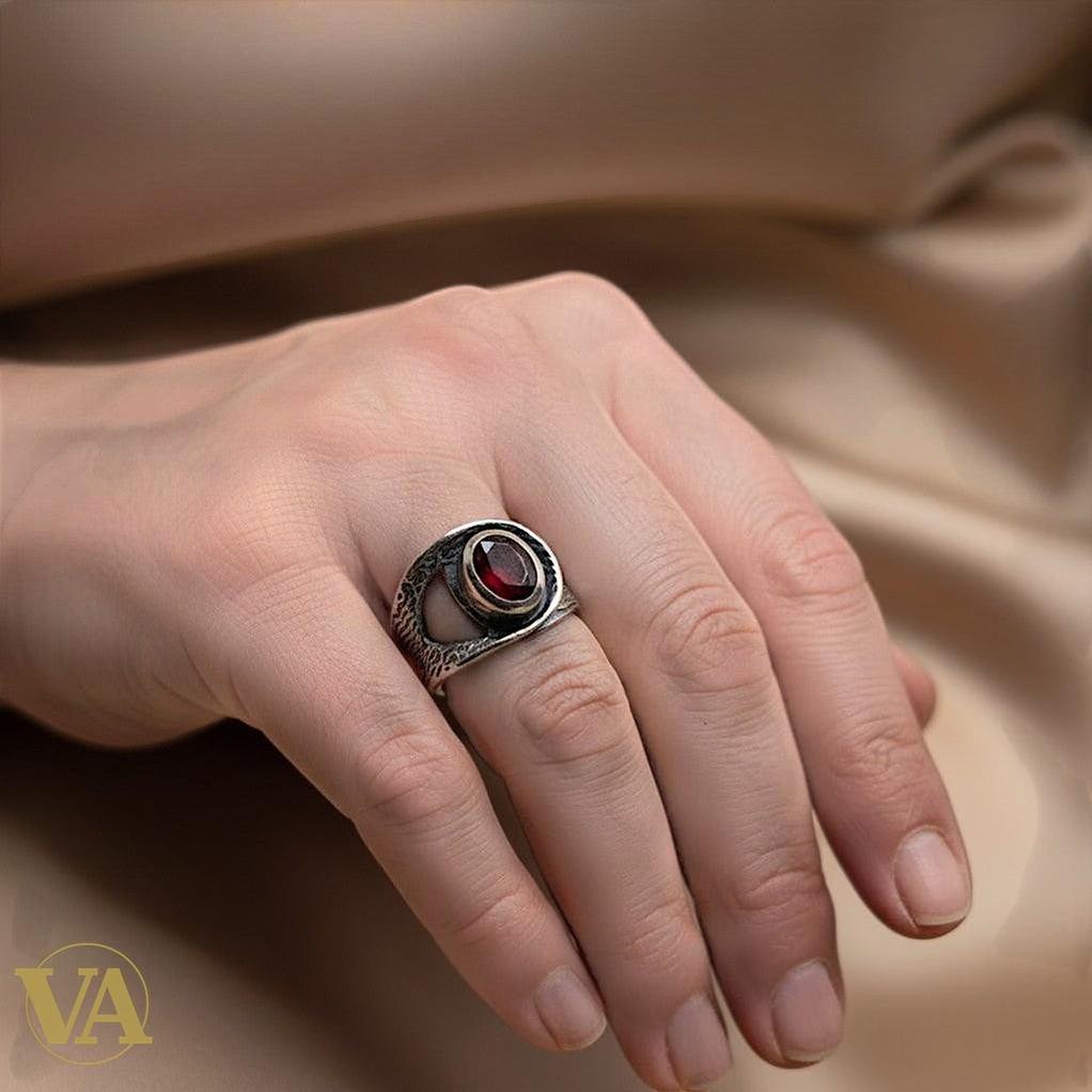 Bague femme Argent 925 Massif Oxyde Teinté Grenat Design Asymétrique