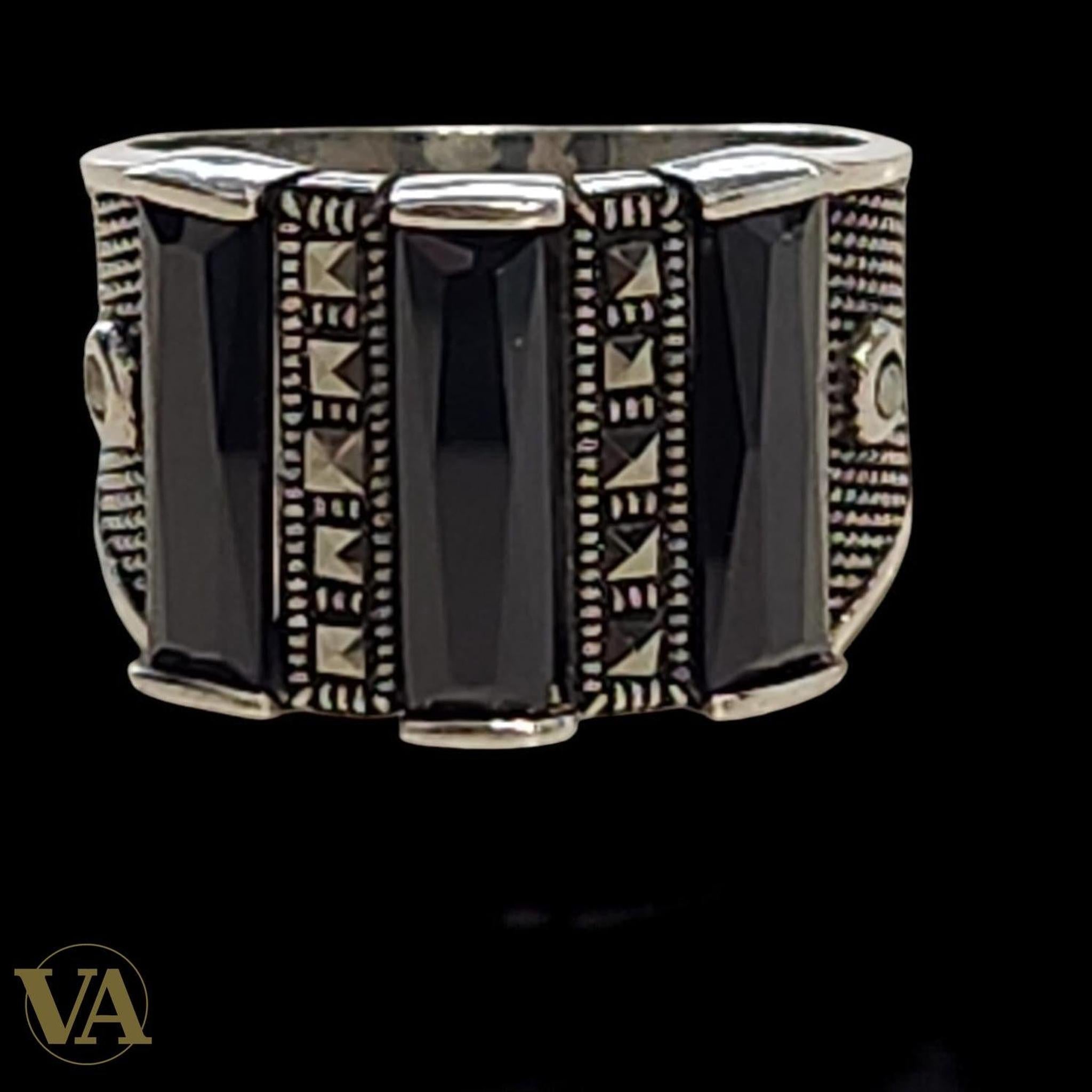 Bague homme argent 925 onyx rectangulaire et marcassites | Bijoux Vindicta