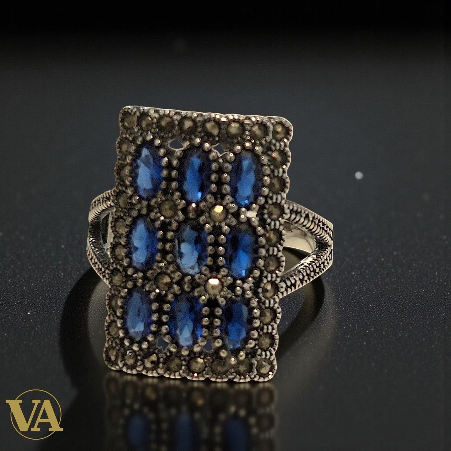 Bague femme rectangulaire en argent 925, pierres bleues & marcassite | Bijoux Vindicta