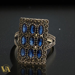 Women's rectangular ring in 925 silver, blue stones & marcasite